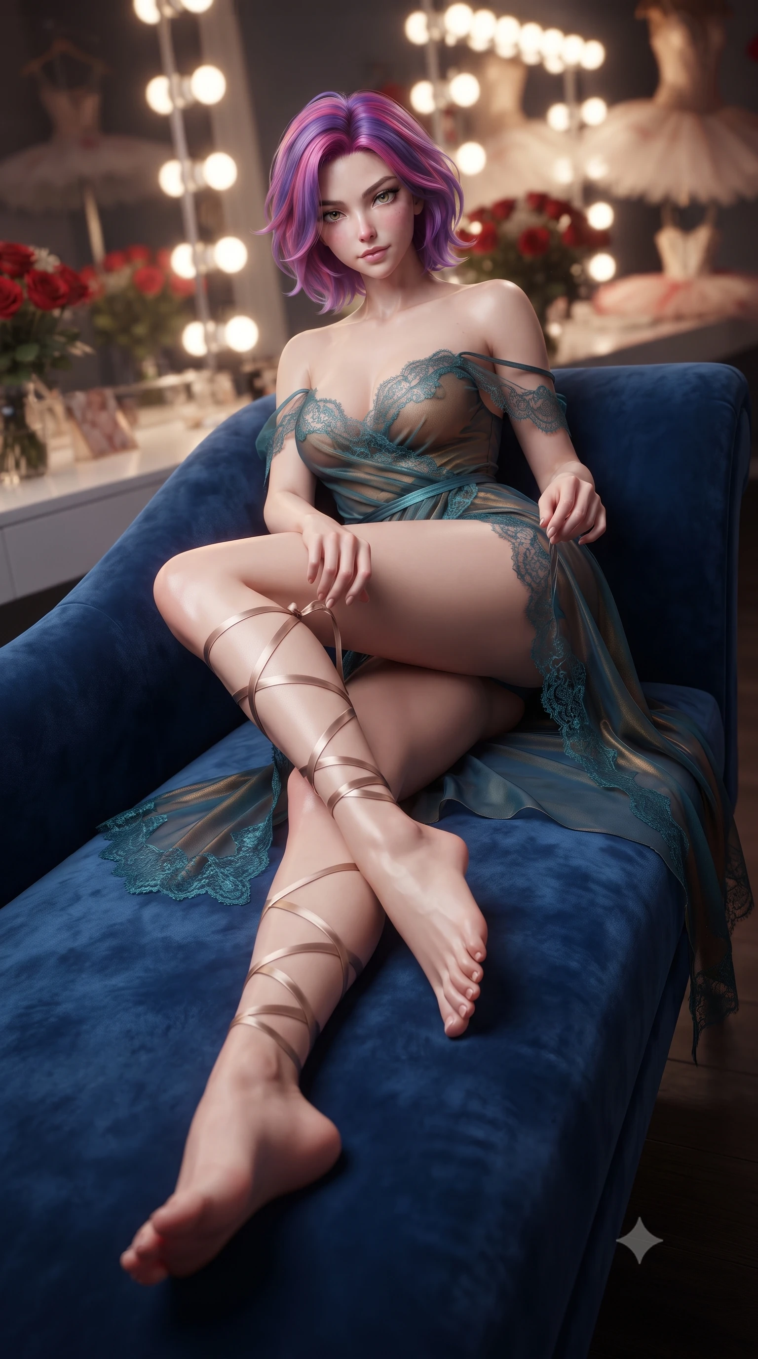 score_9, masterpiece, best quality, ultra-detailed, high-budget anime keyframe, editorial fashion photography, tasteful artistic composition, Caucasian woman. low angle full-body shot from head to toe showing her feet, filling the entire 9:16 vertical frame with her statuesque presence, stretching her vertical silhouette. reclining gracefully across the plush chaise lounge with one leg extended, her sculpted silhouette and flat midriff radiating magnetic nocturnal glamour while twisting her slender torso in an alluring contrapposto stance before the glowing mirror bulbs, adjusting a ribbon with smoldering eyes. The background shows a soft-focus rows of warm vanity mirror light bulbs, bouquets of red roses, and feathered tutus blurred into champagne, crimson, and pearl bokeh. She has an absolutely perfect, statuesque 8.5-heads proportion, an exceptionally tall and slender model-like female figure with impossibly long slender legs, an ultra-slim waist, a flat toned midriff, narrow delicate ribcage, and beautifully sculpted feminine hips creating a graceful, slim hourglass silhouette without any bulky heaviness. sharp v-shaped jawline, high-bridge nose, sparkling eyes with hypnotic seductive depth, thick curled eyelashes, glossy parted lips with a natural dewy peach sheen, alluring bedroom-eyes with an enchanting coquettish smile, exuding magnetic siren charisma and sophisticated glamour, flawlessly proportioned anatomical accuracy, strict slender model proportions, natural body alignment, perfectly sculpted long slender limbs, ultra-slim waistline, clean dynamic posture without body distortion. wearing a delicate sheer gossamer chiffon ballet wrap dress slipping off bare shoulders with a daring hip-high leg slit in iridescent peacock teal and burnished antique brass, made of delicate semi-sheer French Chantilly lace with intricate eyelash edges, finished with delicate satin ballet ribbon ties criss-crossing up her slender calves to the knee, the second-skin tailored fabric adhering flawlessly to her sculpted flat midriff and slender torso, emphasizing her long leg lines and perfectly proportioned willowy build. illuminated by marble vanity bounce and sharp platinum-gold rim lights sculpting her jawline, ultra-slim waist, and curvy hips. ultra-reflective glossy finish, specular highlights, rich textural contrasts, high-contrast stereoscopic depth, volumetric dynamic lighting, 2k, ultra detail, master piece, 9:16 ratio