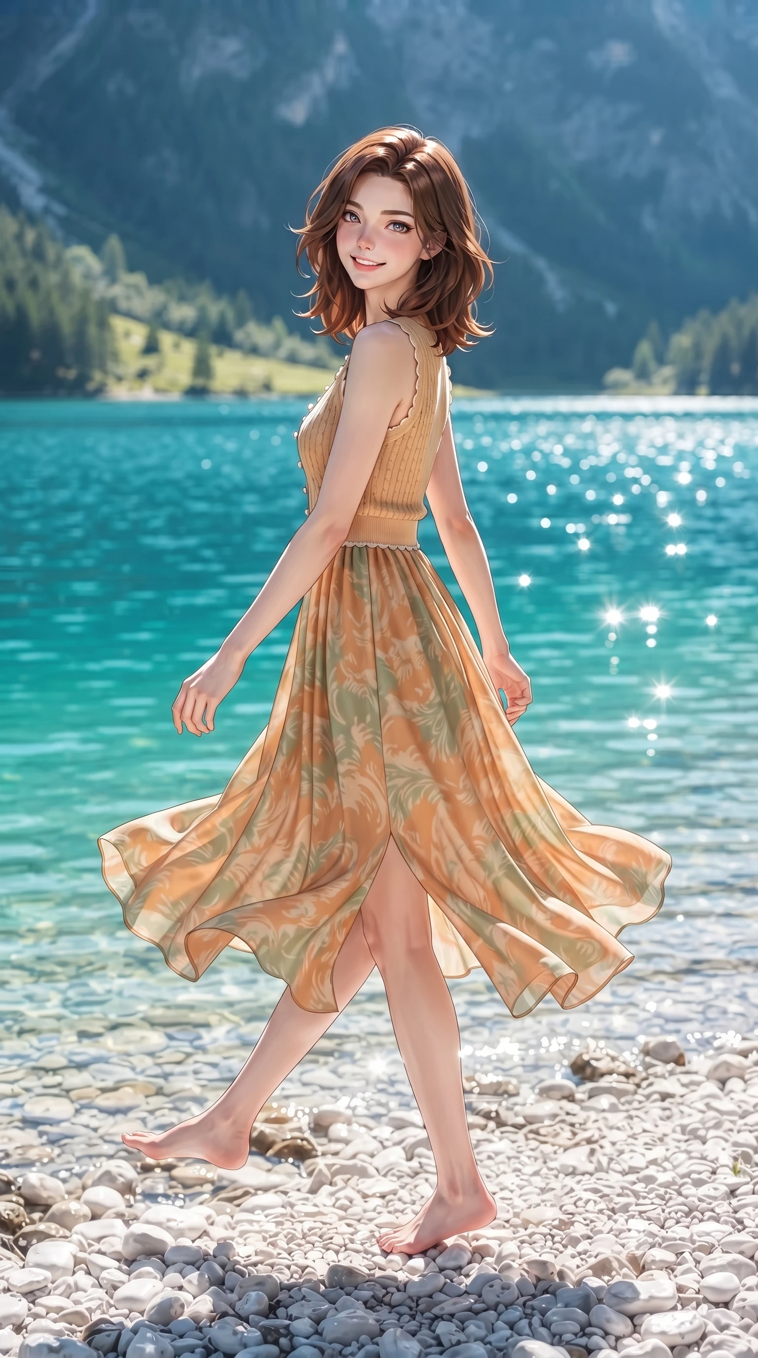 score_9, masterpiece, best quality, ultra-detailed, high-budget anime keyframe, editorial fashion photography, tasteful artistic composition, Korean woman. low angle full-body shot from head to toe showing her feet, filling the entire 9:16 vertical frame with her statuesque presence, stretching her vertical silhouette. performing a cheerful mid-motion turn with effortless poise, her skirt fluttering softly as she smiles into the camera while skipping playfully along smooth white pebble shores, looking back over her shoulder with an enchanting, sweet smile. The surrounding environment is rendered in vivid detail and crisp panoramic clarity. vivid high-contrast aquatic reflections and pristine mountain lake wilderness rendered with environmental sharpness. She has an absolutely perfect, statuesque 8.5-heads proportion, an exceptionally tall and slender model-like female figure with impossibly long slender legs, a toned flat midriff, and an ultra-slim waist. sharp v-shaped jawline, high-bridge nose, intricate jewel-like eyes with depth, thick eyelashes, glossy lips with a natural sheen, pure and lovely fresh girlhood expression, flawlessly proportioned anatomical accuracy, strict slender model proportions, natural body alignment, perfectly sculpted long slender limbs, ultra-slim waistline, clean dynamic posture without body distortion. wearing a flowy silk-chiffon maxi dress with a gentle side slit and fluttering hemline in warm apricot and sage green, knitted from ultra-soft cozy baby-cashmere yarn, finished with delicate scallop trims and tiny pearl buttons, the relaxed yet flattering fit accentuating her naturally graceful and slender figure, highlighting her youthful charm and lovely silhouette. bathed in radiant midday sunshine creating sparkling diamond glints across the turquoise lake surface. ultra-reflective glossy finish, specular highlights, rich natural textures, high-contrast stereoscopic depth, volumetric dynamic lighting, 2k, ultra detail, master piece, 9:16 ratio