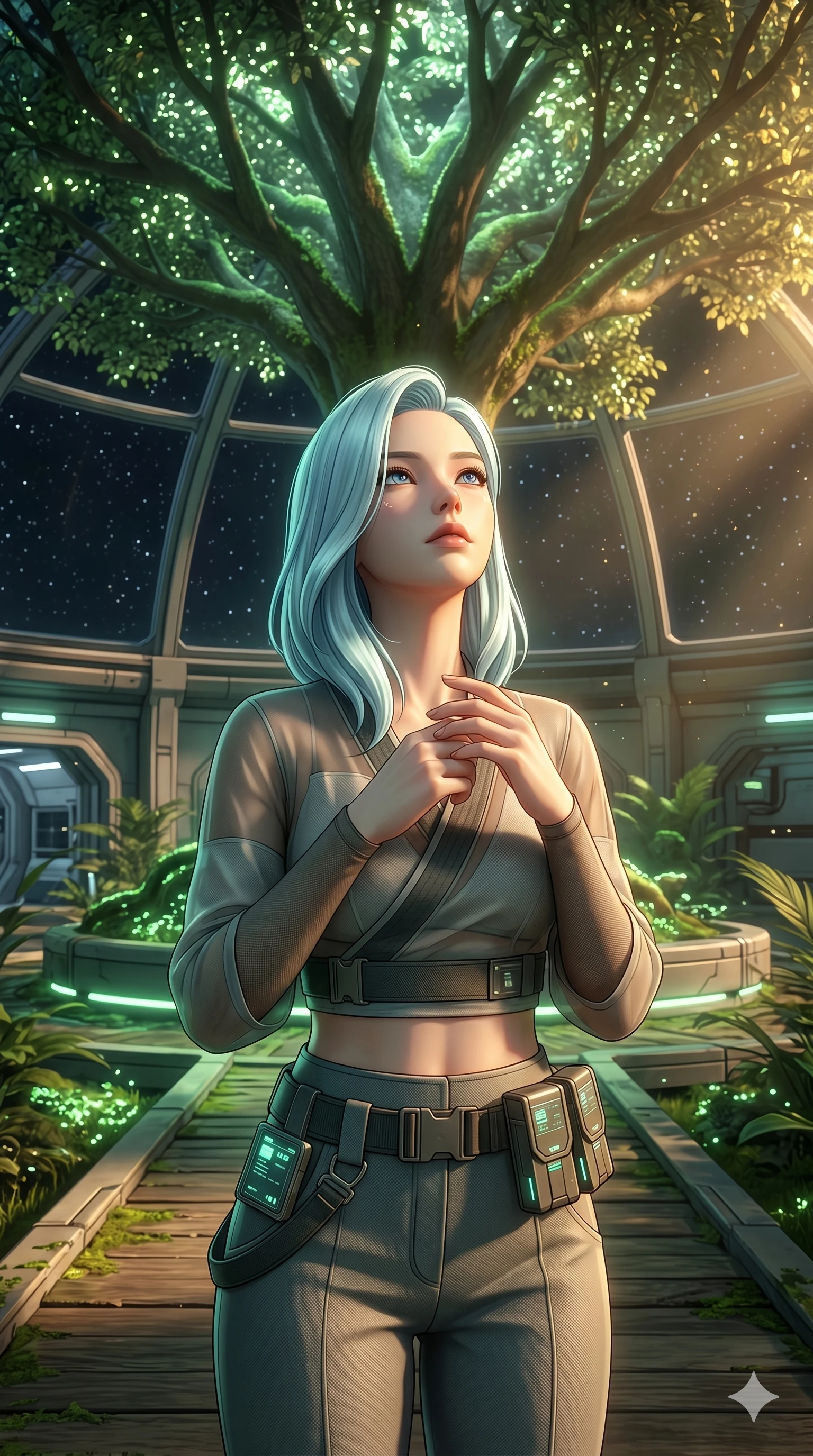 score_9, masterpiece, best quality, ultra-detailed, high-budget anime keyframe, semi-realistic 3D game render, Korean woman. Upper body close-up from the thighs up, character filling the screen for maximum presence. Inside a space station biodome, under a giant artificial tree, standing on a wooden pathway, looking up at the leaves with a dreamy look. She is wearing a cropped cyber-kimono wrap top with sheer panels and a utility belt. The scene is lit by soft green bioluminescent light and warm sun lamps. 2k, ultra detail, master piece, 9:16 ratio