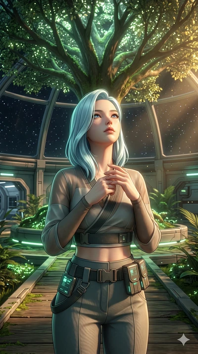 score_9, masterpiece, best quality, ultra-detailed, high-budget anime keyframe, semi-realistic 3D game render, Korean woman. Upper body close-up from the thighs up, character filling the screen for maximum presence. Inside a space station biodome, un