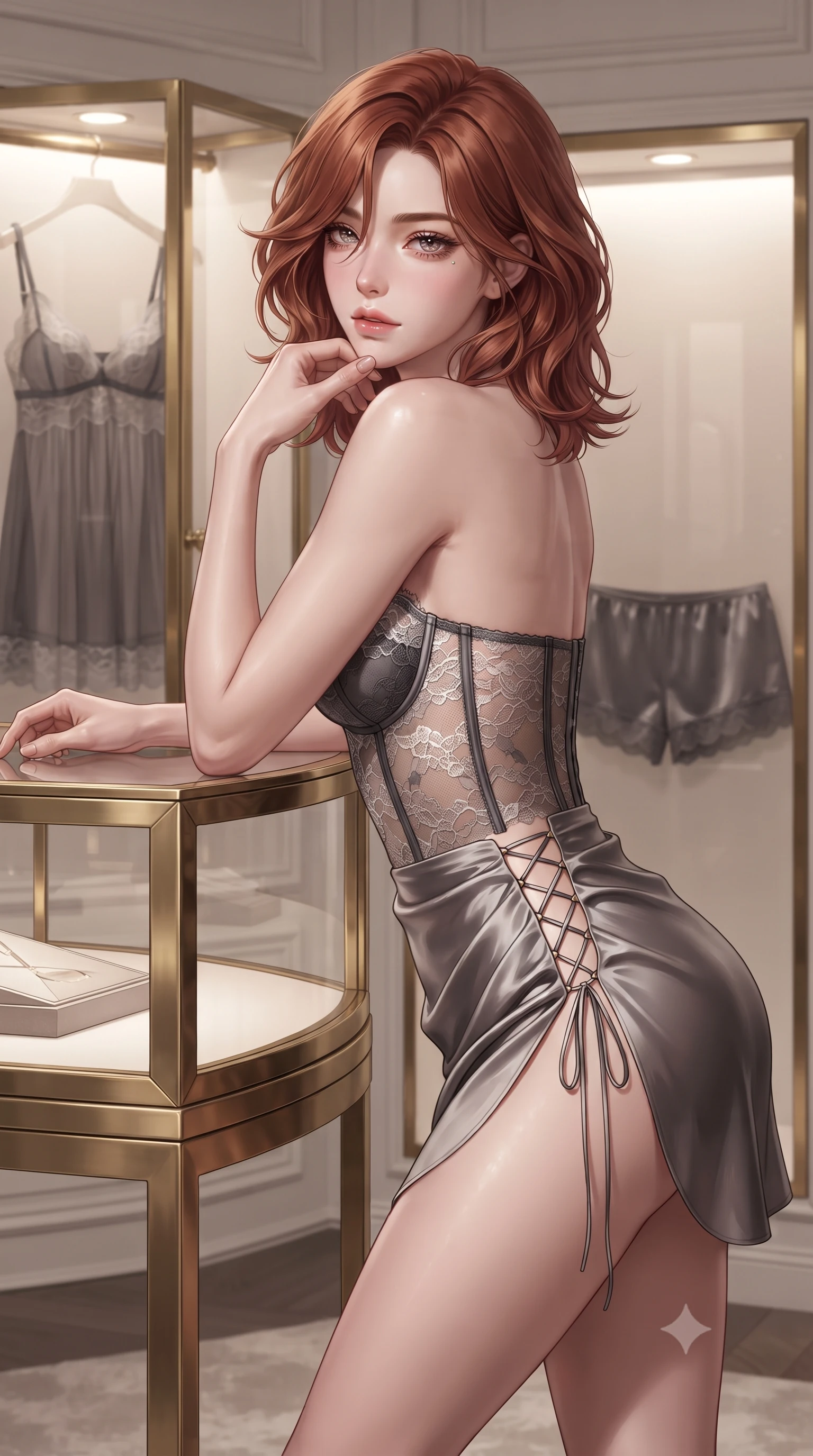 score_9, masterpiece, best quality, ultra-detailed, high-budget anime keyframe, editorial fashion photography, tasteful artistic composition, Korean woman. close-up cowboy shot from the waist and thighs up, the character dominates the composition, filling the frame with her large presence. resting one elbow on the table and supporting her chin, leaning close to the camera with heavy-lidded sparkling eyes and parted lips while leaning against the polished brass vitrine frame with hips cocked back, looking over a bare shoulder with an irresistible bedroom-gaze. The surrounding environment is rendered in vivid detail and crisp panoramic clarity: detailed sheer lace babydoll camisole drape, satin tap pants lace trim, and master interior architecture in razor-sharp precision. She has an exceptionally elegant, slender, and willowy female figure with an ultra-slim waist, flat toned midriff, narrow ribcage, and sculpted feminine hips creating an alluring, slim hourglass silhouette without bulk. sharp v-shaped jawline, high-bridge nose, intricate jewel-like sparkling eyes with depth, thick eyelashes, glossy parted lips with a natural peach sheen, bright cheerful beaming smile with an enchanting and coquettish sensual glint, exuding both youthful cute charm and seductive allure, flawlessly proportioned anatomical accuracy, strict slender model proportions, natural body alignment, perfectly sculpted long slender limbs, ultra-slim waistline, clean dynamic posture without body distortion. wearing a sculpted underwire demi-bustier in semi-sheer lace paired with an ultra-short draped tulip skirt in Hollywood starlight platinum and smoky charcoal, crafted from fluid liquid silk satin that clings smoothly to her narrow waist and rounded hips with a dewy sheen, featuring fine criss-cross lace-up side ties revealing tantalizing glimpses of her hip curve, the high-slit wrap tailoring accentuating her ultra-slim waistline and the enchanting curve of her feminine hips with alluring seductive charm. bathed in soft 3000K cove downlights and radiant vitrine display backlights. ultra-reflective glossy finish, specular highlights, rich textural contrasts, high-contrast stereoscopic depth, volumetric dynamic lighting, 2k, ultra detail, master piece, 9:16 ratio