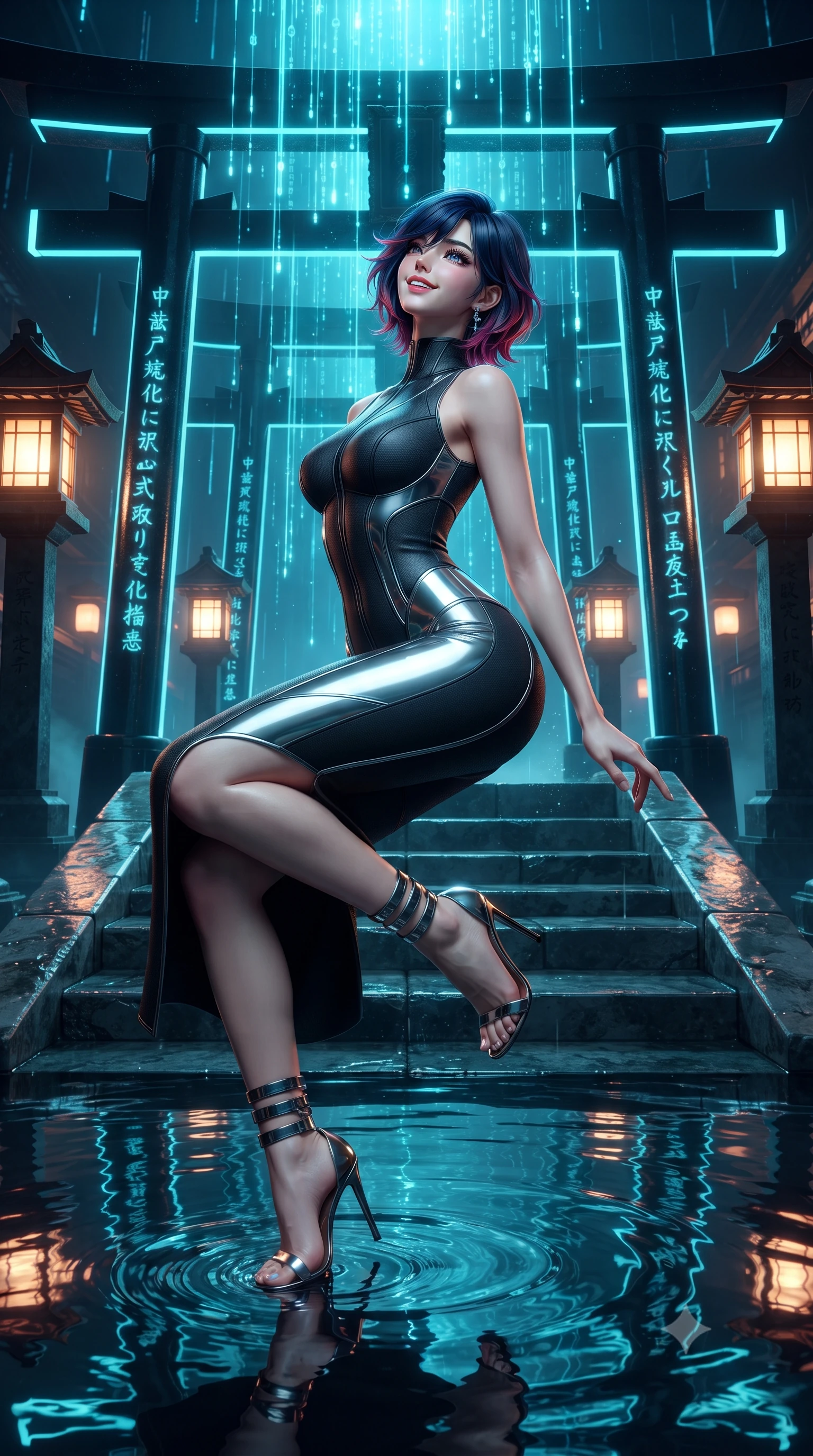 score_9, masterpiece, best quality, ultra-detailed, high-budget anime keyframe, editorial fashion photography, tasteful artistic composition, Korean woman. low angle full-body shot from head to toe showing her feet, filling the entire 9:16 vertical frame with her statuesque presence, stretching her vertical silhouette. sitting poised on the stone steps with one knee bent, arching her spine with supermodel elegance as she glances upward through thick eyelashes while standing poised on the mirrored water platform flanked by towering obsidian Torii gates pulsing with cyan neon, arching her spine with siren charisma as digital rain trickles in glowing ribbons. The surrounding environment is rendered in vivid detail and crisp panoramic clarity: sharp wet obsidian stone reflections, etched cybernetic circuit calligraphy, and rippling water ring caustics in deep focus. She has an exceptionally tall and slender model-like 8.5-heads proportion, an ultra-slim waist, a flat toned midriff, narrow delicate ribcage, and beautifully sculpted feminine hips creating a graceful, slim hourglass silhouette without any bulky heaviness, with impossibly long slender legs. sharp v-shaped jawline, high-bridge nose, intricate jewel-like sparkling eyes with depth, thick eyelashes, glossy parted lips with a natural peach sheen, bright cheerful beaming smile with an enchanting and coquettish sensual glint, exuding both youthful cute charm and seductive allure, flawlessly proportioned anatomical accuracy, strict slender model proportions, natural body alignment, perfectly sculpted long slender limbs, ultra-slim waistline, clean dynamic posture without body distortion. wearing a sculpted second-skin neoprene column gown with subtle architectural seam lines accentuating her curves in matte carbon fiber black and polished chrome, woven from structured carbon-fiber jacquard with rich textural depth, complemented by strappy stiletto sandals with metallic ankle wraps accentuating her slender calves, the liquid-tight tailored fabric clinging flawlessly to her narrow waist and rounded feminine hips, emphasizing every millimeter of her sculpted slim hourglass curves without any bulky heaviness. bathed in pulsing electric-cyan Torii neon combined with warm 2400K sacred oil lantern flames. ultra-reflective glossy finish, specular highlights, rich textural contrasts, high-contrast stereoscopic depth, volumetric dynamic lighting, 2k, ultra detail, master piece, 9:16 ratio