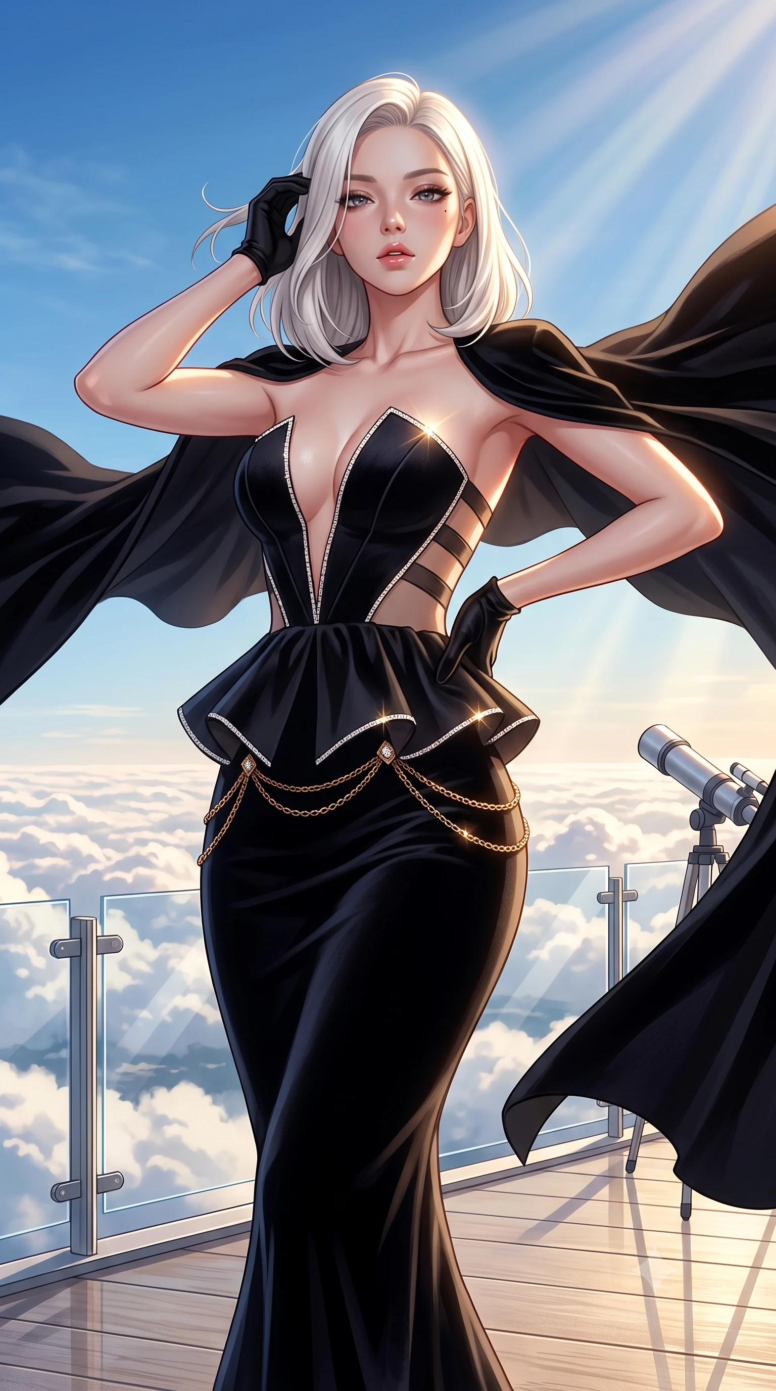 score_9, masterpiece, best quality, ultra-detailed, high-budget anime keyframe, semi-realistic 3D game render, editorial fashion photography, tasteful artistic composition, Korean woman. close-up cowboy shot from the waist and thighs up, the character dominates the composition, filling the frame with her large presence. leaning back with relaxed seductive grace, her sculpted collarbones and narrow waist highlighted as she casts smoldering bedroom-eyes directly into the camera while standing poised on the high-altitude sun deck, twisting her slender torso in an alluring S-curve as stratospheric trade winds flutter her sweeping cape. The surrounding environment is rendered in vivid detail and crisp panoramic clarity. detailed couture gown weave, intense sun specular highlights on skin, and high-altitude horizon clarity in high resolution. She has an exceptionally elegant, slender, and willowy female figure with an ultra-slim waist, flat toned midriff, narrow ribcage, and sculpted feminine hips creating an alluring, slim hourglass silhouette without bulk. sharp v-shaped jawline, high-bridge nose, intricate jewel-like eyes with depth, thick eyelashes, glossy parted lips with a natural sheen, intensely captivating and seductive bedroom-eyes expression, flawlessly proportioned anatomical accuracy, strict slender model proportions, natural body alignment, perfectly sculpted long slender limbs, ultra-slim waistline, clean dynamic posture without body distortion. wearing a structural geometric peplum gown with sheer side-ribbon cutouts and form-fitting skirt in pitch-black velvet with diamond crystal trim, tailored from water-resistant treated wool gabardine and flexible stretch silk, accented with a delicate gold chain belt resting loosely on her curvy hips, the glove-like aerodynamic silhouette tightly following the natural contour of her hips and long slender legs with statuesque 8.5-heads elegance. bathed in glorious golden hour stratospheric sunbeams streaming unobstructed across the cloud deck. highly saturated vibrant anime colors, detailed shading with soft gradients, rich glossy textures, high-contrast stereoscopic depth, volumetric dynamic lighting, master piece, 9:16 ratio