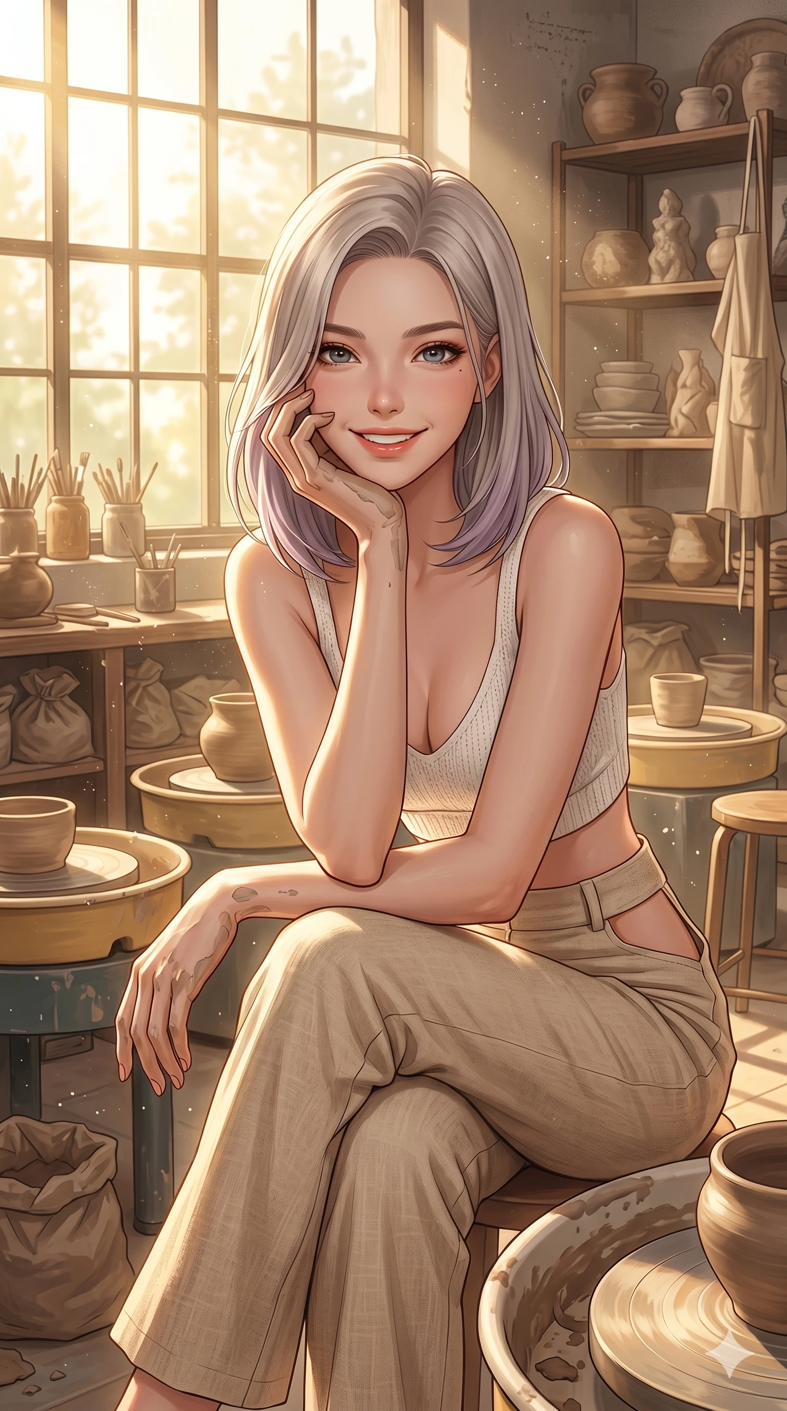 score_9, masterpiece, best quality, ultra-detailed, high-budget anime keyframe, editorial fashion photography, tasteful artistic composition, Caucasian woman, strictly human ears. cowboy shot from the thighs up, character and outfit filling the frame for maximum editorial presence. resting her chin on her hand, looking forward with a warm, radiant smile inside a sun-washed pottery class with clay wheels and shelves. She has an absolutely perfect 8-heads proportion, an exceptionally tall and slender female figure with impossibly long slender legs and an ultra-slim waist. V-shaped jawline, high-bridge nose, intricate jewel-like eyes with depth, thick eyelashes, glossy lips with a natural sheen. wearing a white knit crop top and high-waisted linen trousers with side cutouts. bathed in golden morning sunbeams filtering through the classroom window. 2k, ultra detail, master piece, 9:16 ratio