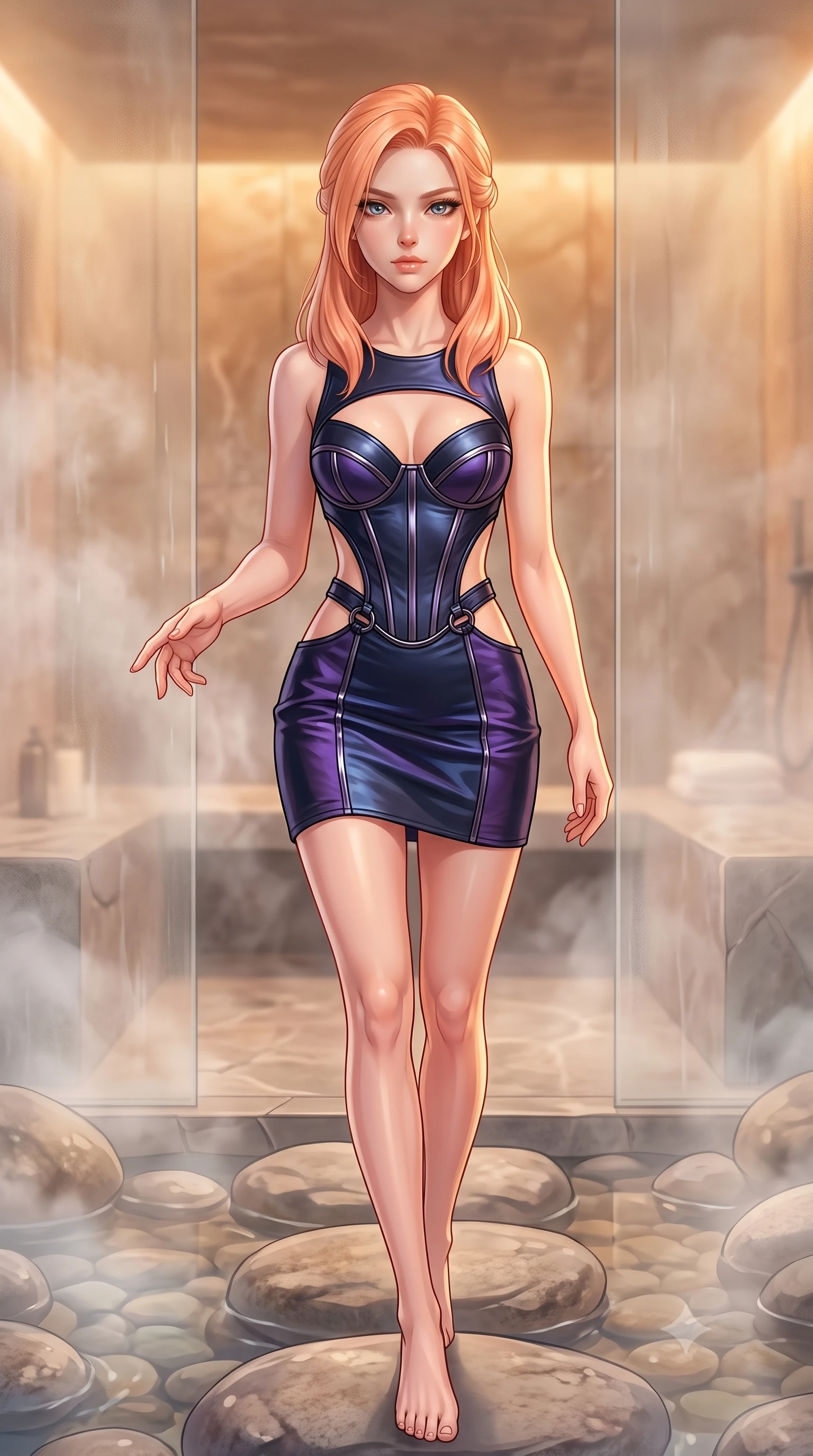 score_9, masterpiece, best quality, ultra-detailed, high-budget anime keyframe, editorial fashion photography, tasteful artistic composition, Japanese woman. close-up cowboy shot from the waist and thighs up, the character dominates the composition, filling the frame with her large presence, background elements kept in soft focus. Reaching one hand toward the viewer with relaxed sensual elegance, stepping gracefully across smooth river stones in a private glass steam room, warm amber glow highlighting her sharp v-shaped jawline and glossy lips. She has an exceptionally elegant, slender, and willowy female figure with an ultra-slim waist, a gracefully sculpted slender torso, and a refined silhouette. sharp v-shaped jawline, high-bridge nose, intricate jewel-like eyes with depth, thick eyelashes, glossy lips with a natural sheen. wearing architectural cut-out dark leather mini dress with sculpted metallic boning in midnight navy blue, made of iridescent dark violet taffeta, trimmed with dark chrome ring hardware along the waist contours, following her slender form with tailored precision. illuminated by soft diffused key light filtering through delicate steam. highly saturated vibrant anime colors, detailed shading with soft gradients, rich glossy textures, high-contrast stereoscopic depth, volumetric dynamic lighting, master piece, 9:16 ratio
