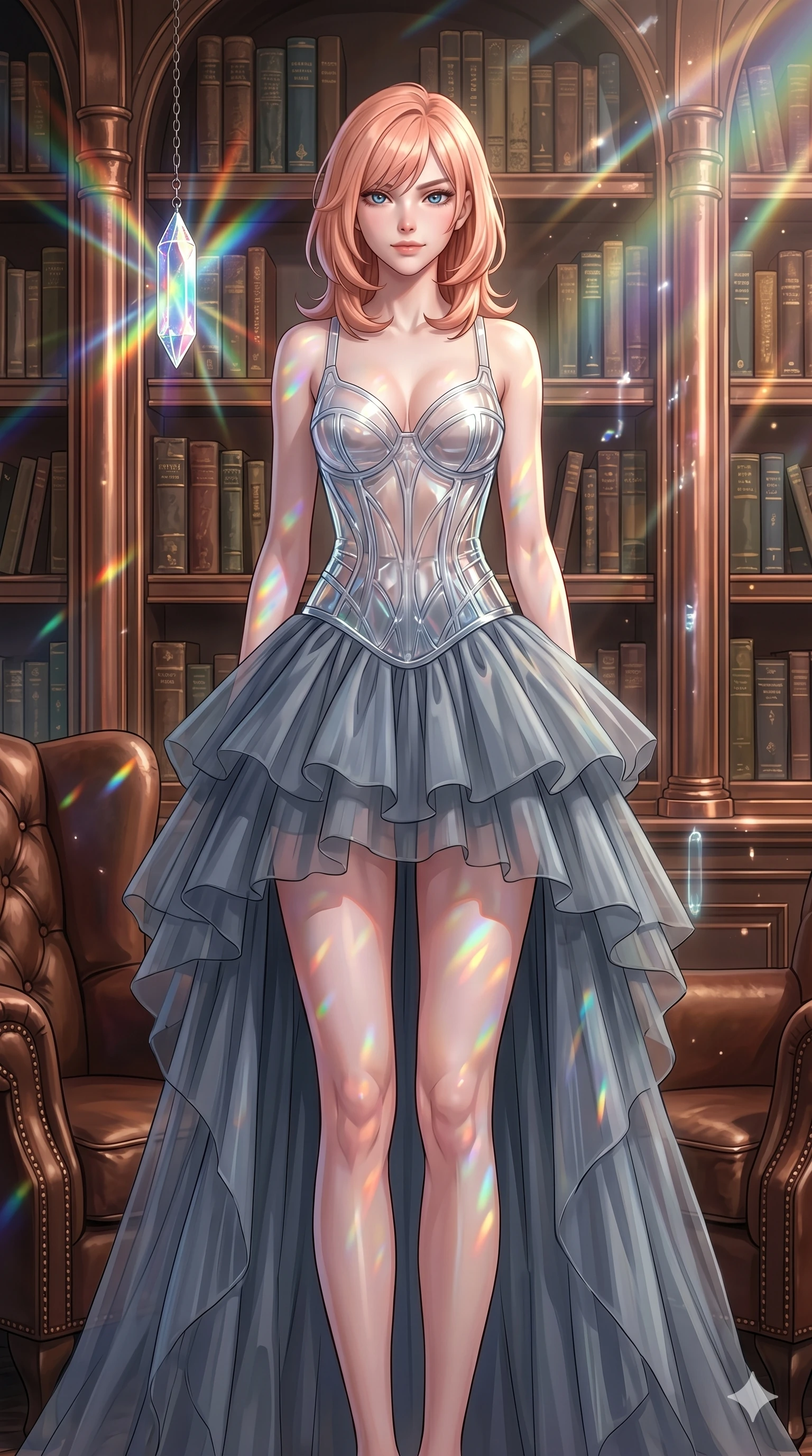 score_9, masterpiece, best quality, ultra-detailed, high-budget anime keyframe, editorial fashion photography, tasteful artistic composition, Japanese woman. cowboy shot from the thighs up, character and outfit filling the frame for maximum editorial presence. Raising one eyebrow with a confident, slightly amused expression, her posture steady within a steampunk library with leather chairs and copper-encased bookshelves, as faint echoes of digital chimes float through the space. She has an absolutely perfect 8-heads proportion, an exceptionally tall and slender female figure with impossibly long slender legs and an ultra-slim waist. V-shaped jawline, high-bridge nose, intricate jewel-like eyes with depth, thick eyelashes, glossy lips with a natural sheen. wearing a sculpted transparent polymer glass bustier paired with a multi-layered slate gray tulle mini skirt. illuminated by cascading rainbow prismatic light refracting through crystal, casting patterns on her skin. 2k, ultra detail, master piece, 9:16 ratio