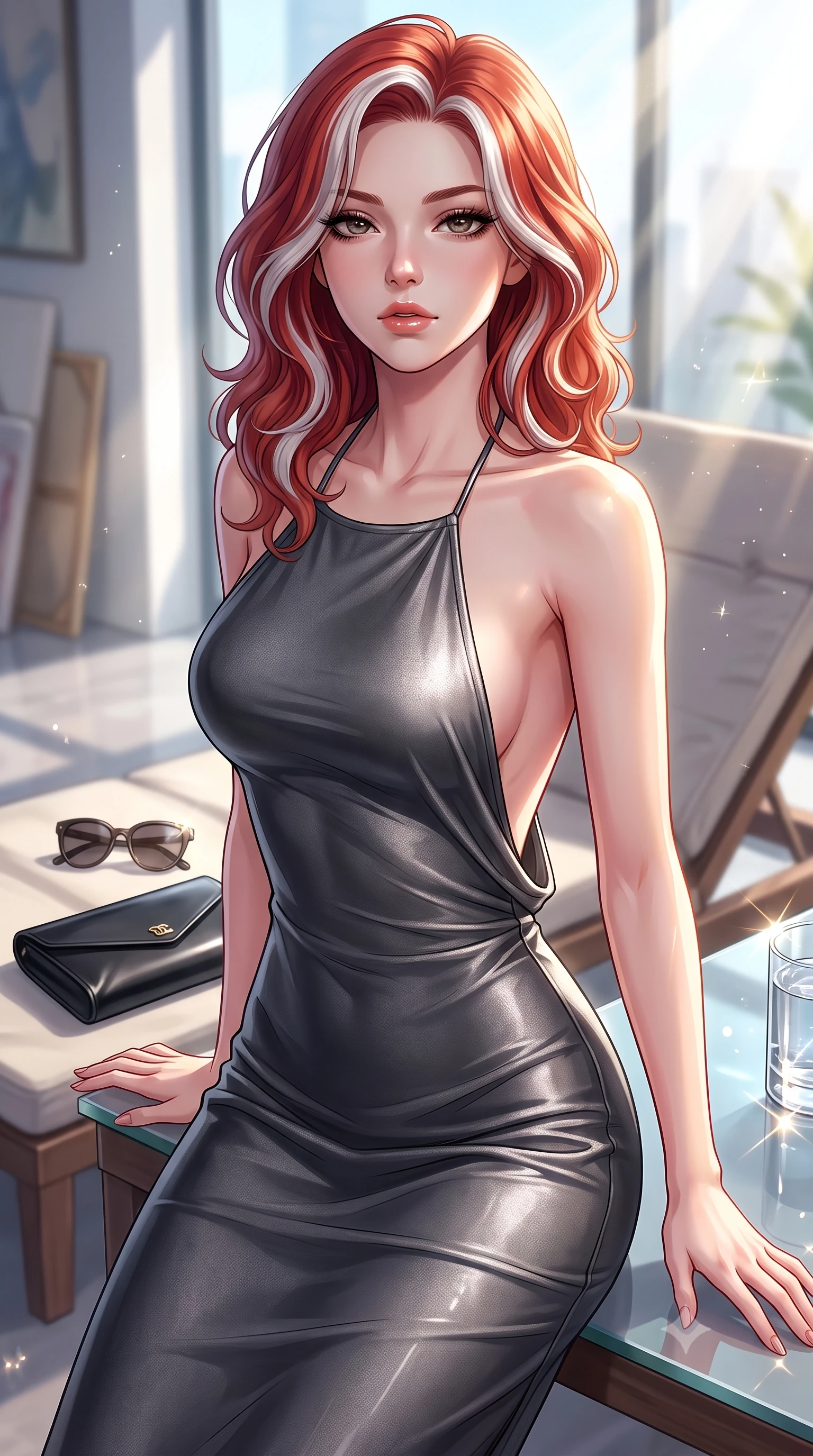score_9, masterpiece, best quality, ultra-detailed, high-budget anime keyframe, editorial fashion photography, tasteful artistic composition, Caucasian woman. close-up cowboy shot from the waist and thighs up, the character dominates the composition, filling the frame with her large presence, background elements kept in soft focus. looking down at the viewer beneath lowered lashes with a quiet, smoldering confidence and parted lips set against a soft-focus background of inside an exclusive art atelier with a pair of designer sunglasses and a sleek leather clutch bag on the lounger. She has an exceptionally elegant, slender, and willowy female figure with an ultra-slim waist, a gracefully sculpted slender torso, and a refined silhouette. sharp v-shaped jawline, high-bridge nose, intricate jewel-like eyes with depth, thick eyelashes, glossy lips with a natural sheen. wearing form-contouring charcoal metallic jersey backless linen halter dress featuring delicate straps and a draped open-back design featuring refined tailored seams. lit by crisp morning sun rays creating sparkling glints on polished glass and water. highly saturated vibrant anime colors, detailed shading with soft gradients, rich glossy textures, high-contrast stereoscopic depth, volumetric dynamic lighting, master piece, 9:16 ratio
