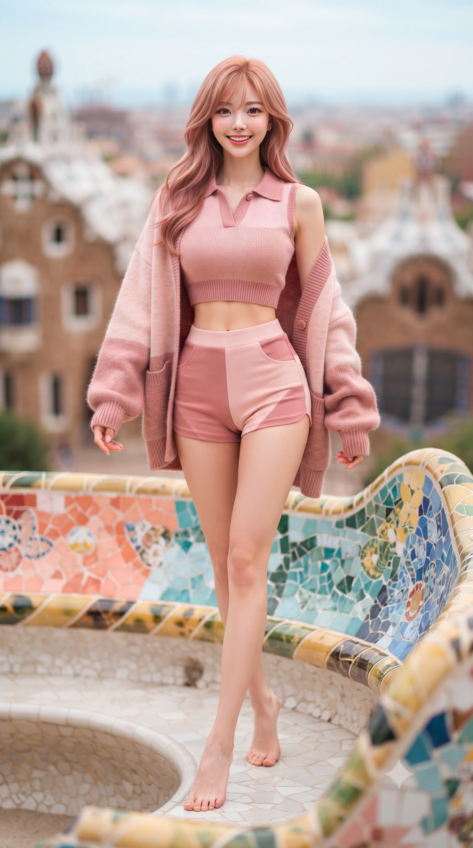 score_9, masterpiece, best quality, ultra-detailed, high-budget anime keyframe, editorial fashion photography, tasteful artistic composition, Korean woman. low angle full-body shot from head to toe showing her feet, filling the entire 9:16 vertical frame with her statuesque presence, stretching her vertical silhouette. stepping forward gracefully in mid-motion with a radiant beaming smile, hips swaying in an alluring kinetic rhythm that accentuates her curvy hourglass silhouette and long slender legs while sitting perched atop the undulating colorful mosaic serpentine bench, arching her back with effortless Catalan chic and a bright playful smile. The composition keeps background elements in soft focus with dreamy creamy bokeh. colorful Gaudi ceramic mosaic bench patterns and gingerbread pavilion roofs blurred into coral, turquoise, and canary-yellow bokeh. She has an exceptionally tall and slender model-like 8.5-heads proportion, an ultra-slim waist, a flat toned midriff, narrow delicate ribcage, and beautifully sculpted feminine hips creating a graceful, slim hourglass silhouette without any bulky heaviness, with impossibly long slender legs. sharp v-shaped jawline, high-bridge nose, intricate jewel-like sparkling eyes with depth, thick eyelashes, glossy parted lips with a natural peach sheen, bright cheerful beaming smile with an enchanting and coquettish sensual glint, exuding both youthful cute charm and seductive allure, flawlessly proportioned anatomical accuracy, strict slender model proportions, natural body alignment, perfectly sculpted long slender limbs, ultra-slim waistline, clean dynamic posture without body distortion. wearing a cropped knitted polo sweater paired with high-cut tailored tennis shorts hugging her rounded hips in cherry blossom pink and soft rose gold, crafted from liquid-tight stretch jersey emphasizing every curve, complemented by an oversized soft knit cardigan slipping off one bare shoulder, the form-fitting cut adhering flawlessly to her sculpted flat midriff and slender torso, emphasizing her long leg lines and perfectly proportioned willowy build. illuminated by vibrant mosaic tile bounce light contouring her sculpted cheekbones, ultra-slim waist, and curvy hips. ultra-reflective glossy finish, specular highlights, rich textural contrasts, high-contrast stereoscopic depth, volumetric dynamic lighting, 2k, ultra detail, master piece, 9:16 ratio