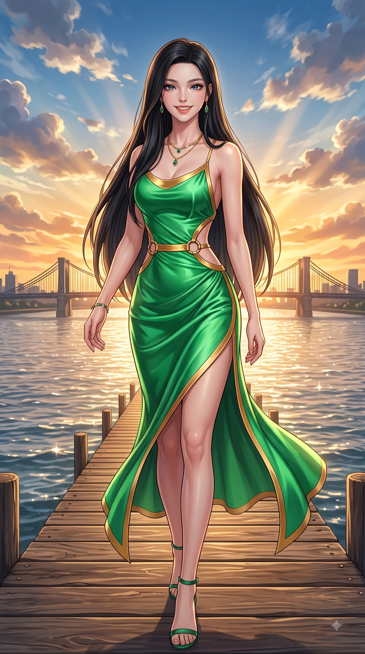 score_9, masterpiece, best quality, ultra-detailed, high-budget anime keyframe, editorial fashion photography, tasteful artistic composition, Korean woman. low angle full-body shot from head to toe showing her feet, filling the entire 9:16 vertical frame with her statuesque presence, stretching her vertical silhouette. pivoting dynamically with a fresh infectious smile, her ultra-slim waist creating a sweeping fluid curve while pivoting in a happy stride along a wooden pier overlooking calm river waters. The surrounding environment is rendered in vivid detail and crisp panoramic clarity. sparkling river waters, iconic city bridge outlines, and dramatic sunset sky clouds in crisp detail. She has an absolutely perfect, statuesque 8.5-heads proportion, an exceptionally tall and slender model-like female figure with impossibly long slender legs and an ultra-slim waist. sharp v-shaped jawline, high-bridge nose, intricate jewel-like eyes with depth, thick eyelashes, glossy lips with a natural sheen, flawlessly proportioned anatomical accuracy, natural body alignment, perfectly sculpted elegant limbs, clean dynamic posture without body distortion. wearing a precision-fitted liquid satin slip dress with fluid draped lines and an open back in bright emerald green and warm gold trim, crafted from smooth liquid silk satin, accented with subtle metallic ring hardware framing her waist, the form-contouring material highlighting her ultra-slim waist and long lines. bathed in glorious golden hour sunset sunbeams and warm amber sky radiance. highly saturated vibrant anime colors, detailed shading with soft gradients, rich glossy textures, high-contrast stereoscopic depth, volumetric dynamic lighting, master piece, 9:16 ratio