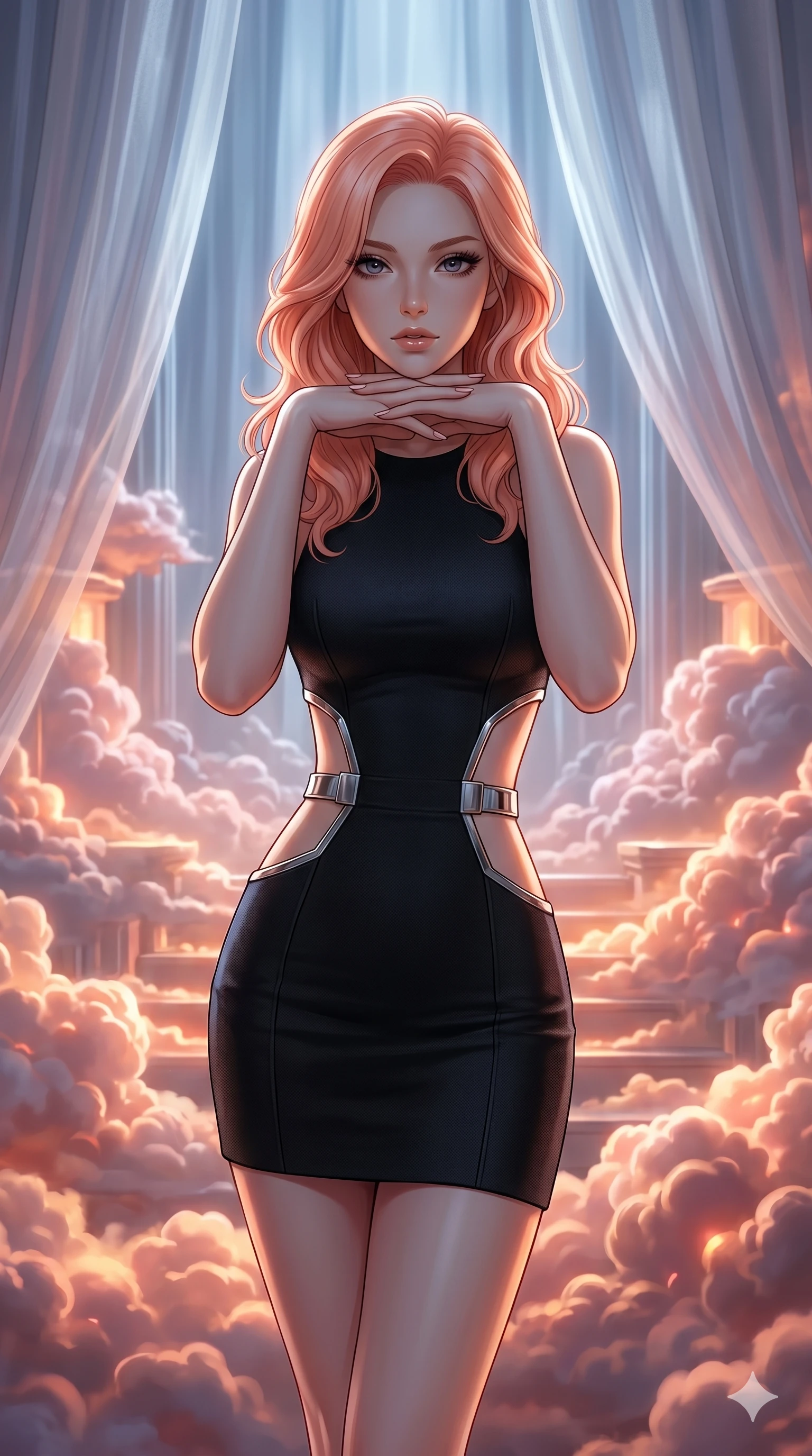 score_9, masterpiece, best quality, ultra-detailed, high-budget anime keyframe, editorial fashion photography, tasteful artistic composition, Japanese woman. cowboy shot from the thighs up, character and outfit filling the frame for maximum editorial presence. Resting her chin on the backs of her fingers in a confident pose inside a luminous cloud palace where cumulus formations glow with amber and rose from within. She has an absolutely perfect 8-heads proportion, an exceptionally tall and slender female figure with impossibly long slender legs and an ultra-slim waist. V-shaped jawline, high-bridge nose, intricate jewel-like eyes with depth, thick eyelashes, glossy lips with a natural sheen. wearing a structured matte black mini dress with bold geometric cutouts revealing glimpses of the waist and side torso, framed by chrome architectural hardware against a precision-fitted base. bathed in cold silver moonlight filtered through translucent gossamer curtains casting soft shadows on her curves. 2k, ultra detail, master piece, 9:16 ratio