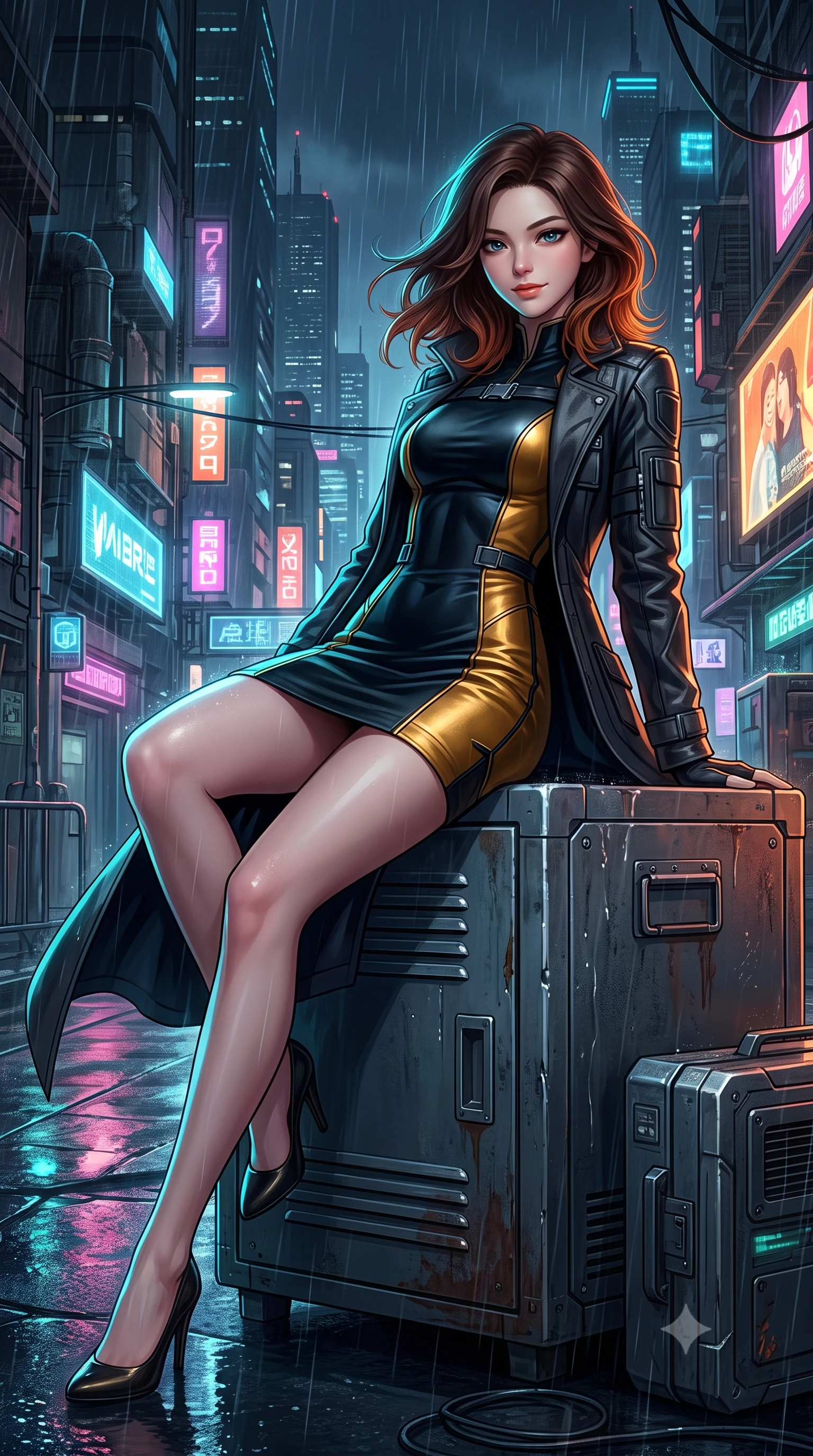 score_9, masterpiece, best quality, ultra-detailed, high-budget anime keyframe, semi-realistic 3D game render, editorial fashion photography, tasteful artistic composition, Korean woman. close-up cowboy shot from the waist and thighs up, the character dominates the composition, filling the frame with her large presence. turning slowly with an enchanting smoldering smile, her glossy hair tossing in the breeze as her hips angle gracefully in a captivating contrapposto while lounging gracefully on the heated steel equipment locker with legs extended, displaying her long slender legs and statuesque hourglass silhouette amid rain-slicked neon. The surrounding environment is rendered in vivid detail and crisp panoramic clarity: detailed tactical combat coat, crisp anime linework, and dense futuristic megalopolis architecture in high resolution. She has an exceptionally elegant, slender, and willowy female figure with an ultra-slim waist, flat toned midriff, narrow ribcage, and sculpted feminine hips creating an alluring, slim hourglass silhouette without bulk. sharp v-shaped jawline, high-bridge nose, intricate jewel-like sparkling eyes with depth, thick eyelashes, glossy parted lips with a natural peach sheen, bright cheerful beaming smile with an enchanting and coquettish sensual glint, exuding both youthful cute charm and seductive allure, flawlessly proportioned anatomical accuracy, strict slender model proportions, natural body alignment, perfectly sculpted long slender limbs, ultra-slim waistline, clean dynamic posture without body distortion. wearing a tailored liquid velvet combat sheath dress with subtle metallic piping following her feminine curves without bulk in solar-wind gold and deep space void black, woven from buttery-soft stretch lambskin leather adhering to her body like a second skin, finished with sleek magnetic buckle closures fluttering in the breeze, the form-contouring silhouette accentuating her sculpted flat midriff, narrow delicate ribcage, and gracefully curvy hips with intoxicating allure. illuminated by wet pavement reflection bounce and sharp laser-cyan rim lights defining her jawline, narrow waist, and curvy hips. highly saturated vibrant anime colors, detailed shading with soft gradients, rich glossy textures, high-contrast stereoscopic depth, volumetric dynamic lighting, master piece, 9:16 ratio