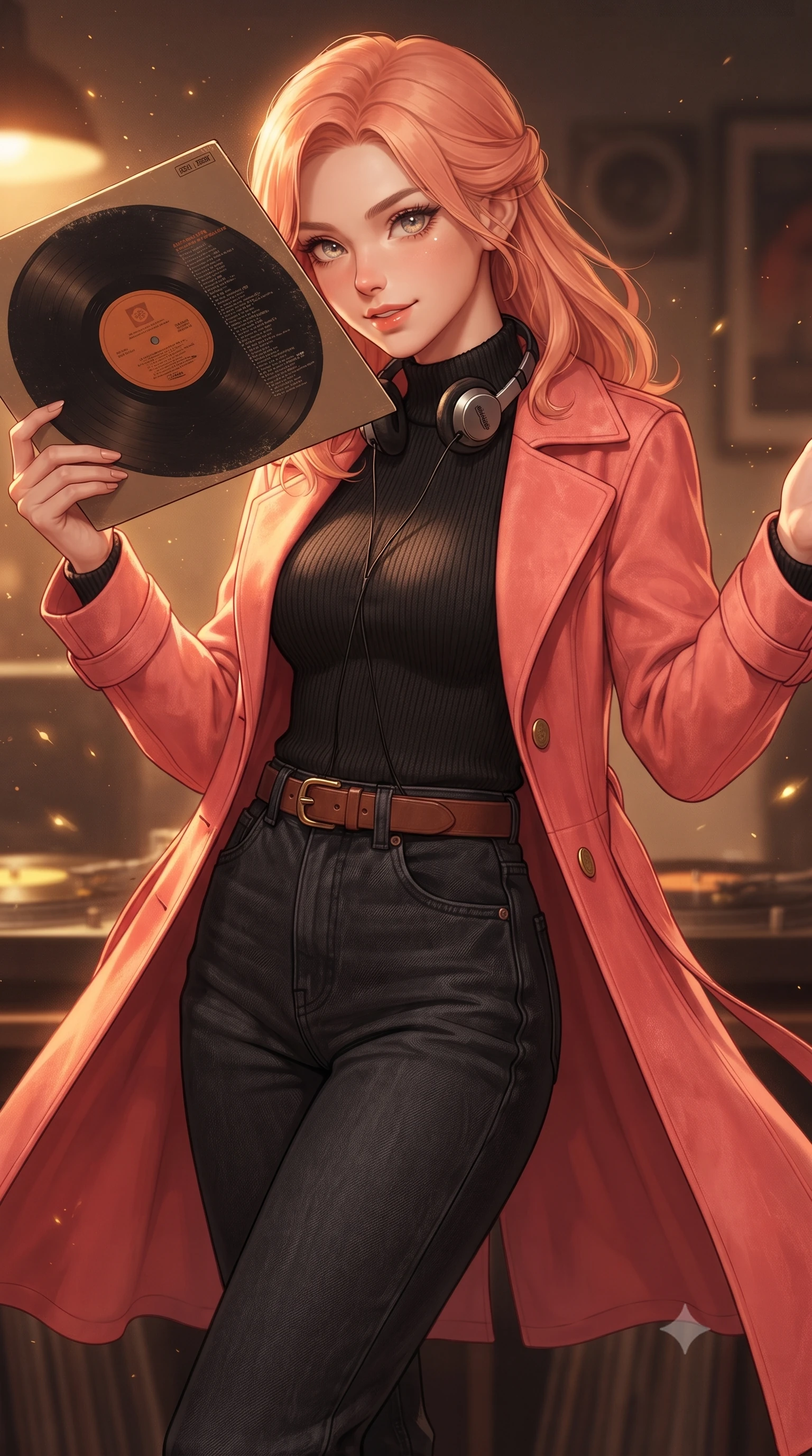 score_9, masterpiece, best quality, ultra-detailed, high-budget anime keyframe, editorial fashion photography, tasteful artistic composition, Japanese woman. close-up cowboy shot from the waist and thighs up, the character dominates the composition, filling the frame with her large presence. radiating intense magnetic charisma with jewel-like eyes locked onto the viewer, her upper body turning in a dynamic, fluid S-curve while holding a vintage LP album cover near her face, peeking over the edge with playful, sparkling eyes into the lens. The composition keeps background elements in soft focus with creamy bokeh. drifting warm light dust motes and spinning turntable reflections scattering golden glints. She has an exceptionally elegant, slender, and willowy female figure with an ultra-slim waist, a gracefully sculpted slender torso, toned flat midriff, and a refined slim silhouette. sharp v-shaped jawline, high-bridge nose, intricate jewel-like eyes with depth, thick eyelashes, glossy lips with a natural sheen, captivating and magnetic expression, flawlessly proportioned anatomical accuracy, strict slender model proportions, natural body alignment, perfectly sculpted long slender limbs, ultra-slim waistline, clean dynamic posture without body distortion. wearing a stylish retro suede trench coat over a fitted mock-neck knit top and high-waist tailored slacks in retro neon coral and washed black denim, tailored from velvety soft genuine suede with classic stitched seams, accessorized with a classic leather belt with brass buckle and retro on-ear foam headphones, the breezy yet form-flattering drape swaying gracefully with her steps, accentuating her long willowy limbs and slim waistline. bathed in warm amber incandescent lamp glow and golden vacuum tube ambient warmth. ultra-reflective glossy finish, specular highlights, rich textural contrasts, high-contrast stereoscopic depth, volumetric dynamic lighting, 2k, ultra detail, master piece, 9:16 ratio