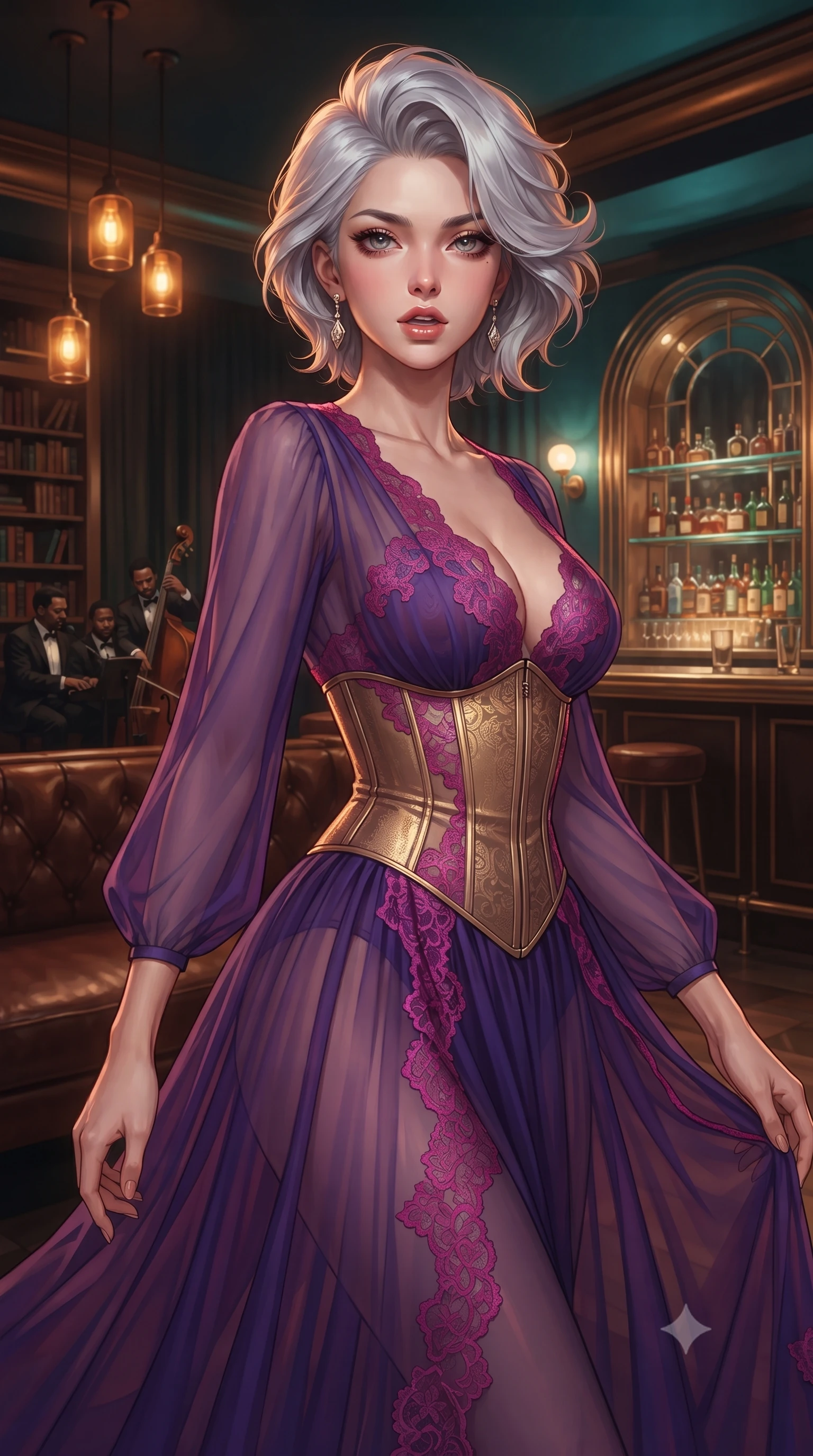 score_9, masterpiece, best quality, ultra-detailed, high-budget anime keyframe, editorial fashion photography, tasteful artistic composition, Japanese woman. close-up cowboy shot from the waist and thighs up, the character dominates the composition, filling the frame with her large presence, background elements kept in soft focus. Looking directly at the camera with a bold fearless expression and parted lips. set against a soft-focus background of a hidden underground bar accessed through a secret bookshelf door with dim amber pendant lights a live jazz trio in the corner deep leather booth seating and a gleaming art deco bar with mirrored back shelving. She has an exceptionally elegant and slender, willowy female figure with an ultra-slim waist, a gracefully sculpted slender torso, and a refined slim physique. sharp v-shaped jawline, high-bridge nose, intricate jewel-like eyes with depth, thick eyelashes, glossy lips with a natural sheen. wearing a floor-length sheer gown in royal purple, featuring strategic fuchsia lace placement and a structured gold corset. warm amber rim lighting combined with cool teal fill light creating dramatic contrast. 2k, ultra detail, master piece, 9:16 ratio
