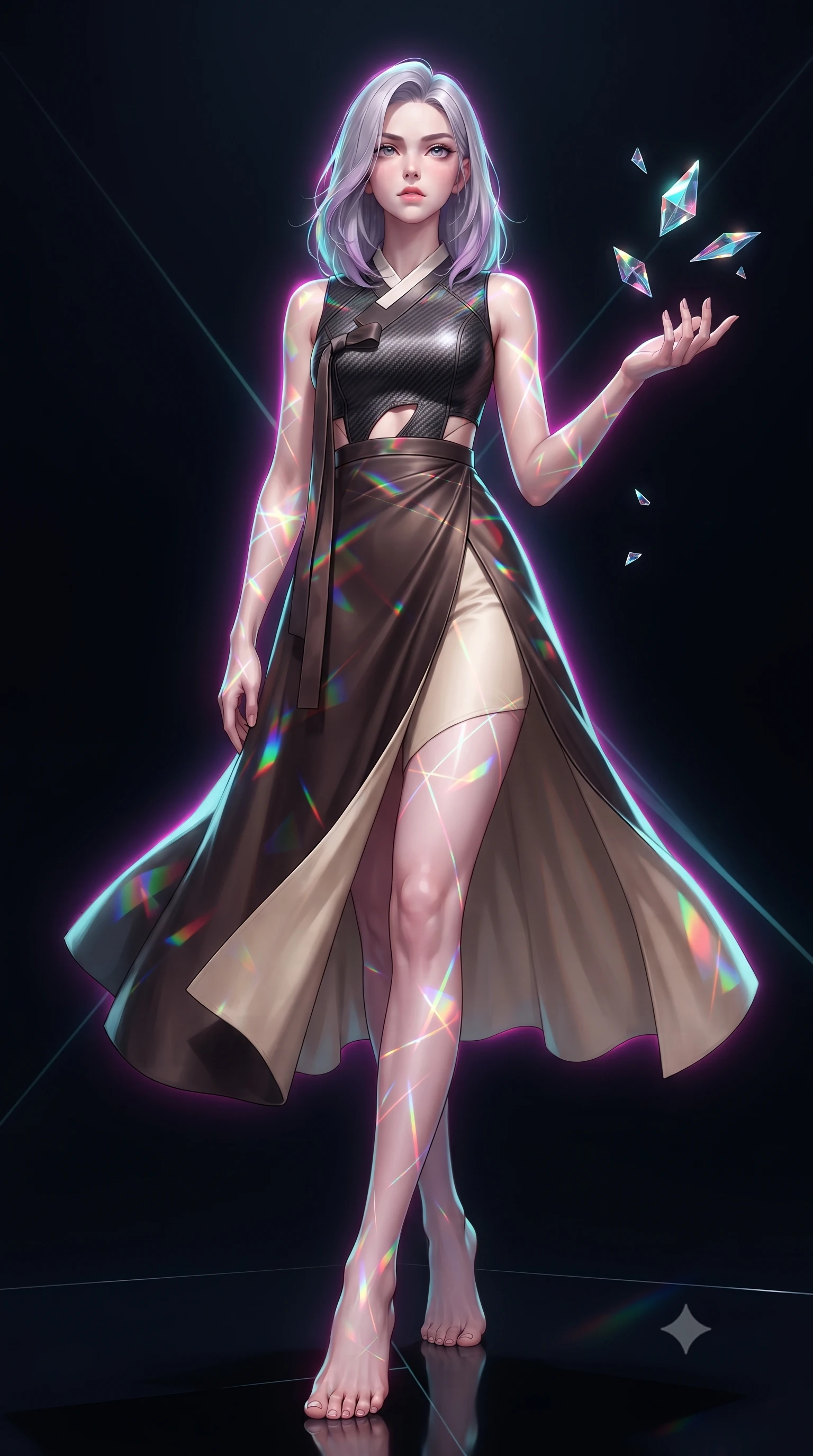 score_9, masterpiece, best quality, ultra-detailed, high-budget anime keyframe, editorial fashion photography, tasteful artistic composition, Caucasian woman. low angle full-body shot from head to toe showing her feet, filling the entire 9:16 vertical frame with her statuesque presence, stretching her vertical silhouette. stepping forward in a proud dynamic stride, her vertical silhouette filling the frame with statuesque presence while reaching her hand forward to catch floating glass kaleidoscope shards hovering in zero-gravity, a kaleidoscope of refractions forming geometric laser patterns across her form. She has an absolutely perfect, statuesque 8.5-heads proportion, an exceptionally tall and slender model-like female figure with impossibly long slender legs and an ultra-slim waist. sharp v-shaped jawline, high-bridge nose, intricate jewel-like eyes with depth, thick eyelashes, glossy lips with a natural sheen, flawlessly proportioned anatomical accuracy, natural body alignment, perfectly sculpted elegant limbs, clean dynamic posture without body distortion. wearing a modern fusion silk hanbok dress with a structured bodice and flowing skirt in espresso brown and warm cream, made of fine carbon-fiber weave and soft matte leather, featuring subtle geometric cutouts that highlight her ultra-slim midriff, the elegant draped fit framing her graceful clavicle and slender torso. surrounded by a radiant aura of neon magenta and turquoise fluid highlights. ultra-reflective glossy finish, specular highlights, metallic sheen, high-contrast stereoscopic depth, volumetric dynamic lighting, 2k, ultra detail, master piece, 9:16 ratio