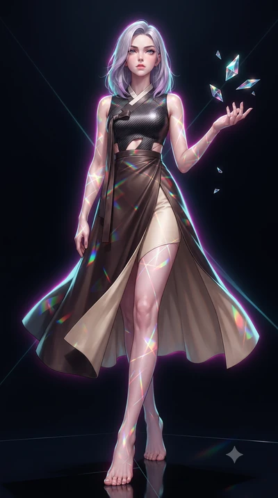 score_9, masterpiece, best quality, ultra-detailed, high-budget anime keyframe, editorial fashion photography, tasteful artistic composition, Caucasian woman. low angle full-body shot from head to toe showing her feet, filling the entire 9:16 vertica