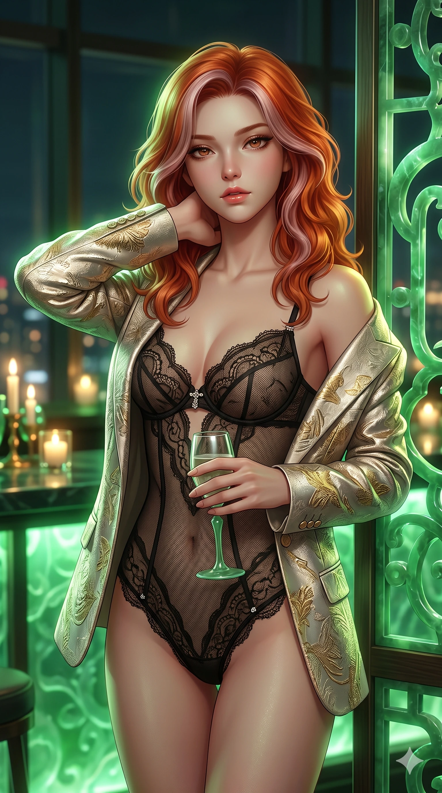 score_9, masterpiece, best quality, ultra-detailed, high-budget anime keyframe, semi-realistic 3D game render, editorial fashion photography, tasteful artistic composition, Caucasian woman. close-up cowboy shot from the waist and thighs up, the character dominates the composition, filling the frame with her large presence. resting both hands lightly behind her neck with elbows raised, arching her spine to highlight her narrow waist, flat midriff, and breathtaking collarbones while standing poised beside the sculptural jade screen, arching her lower back with sovereign supermodel poise while holding a jade-stemmed glass. The background shows a soft-focus intimate high-floor cyber-lounge atmosphere softened in jade bar shallow focus. She has an exceptionally elegant, slender, and willowy female figure with an ultra-slim waist, flat toned midriff, narrow ribcage, and sculpted feminine hips creating an alluring, slim hourglass silhouette without bulk. sharp v-shaped jawline, high-bridge nose, intricate jewel-like sparkling eyes with depth, thick eyelashes, glossy parted lips with a natural sheen, intensely captivating and seductive bedroom-eyes expression, exuding both youthful cute charm and sovereign luxury allure, flawlessly proportioned anatomical accuracy, strict slender model proportions, natural body alignment, perfectly sculpted long slender limbs, ultra-slim waistline, clean dynamic posture without body distortion. wearing a delicate sheer French Chantilly lace teddy layered under an open tailored metallic blazer draped over bare shoulders in Istrian stone cream and antique gold-leaf, woven from fine semi-opaque stretch illusion mesh tracing her slender contours, finished with an ultra-high side slit secured by miniature jeweled clasps, the impeccably tailored cut draping gracefully along her slender figure with aristocratic poise. bathed in the ethereal, soothing emerald-green luminescence of the backlit jade counter combined with warm candlelit accent lights. highly saturated vibrant anime colors, detailed shading with soft gradients, rich glossy textures, high-contrast stereoscopic depth, volumetric dynamic lighting, master piece, 9:16 ratio