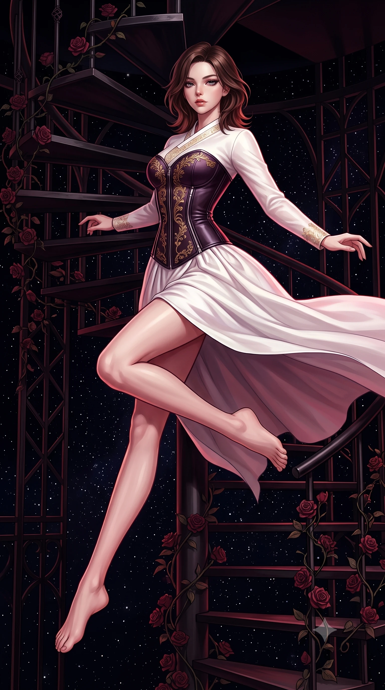 score_9, masterpiece, best quality, ultra-detailed, high-budget anime keyframe, editorial fashion photography, tasteful artistic composition, Korean woman. low angle full-body shot from head to toe showing her feet, filling the entire 9:16 vertical frame with her statuesque presence, stretching her vertical silhouette. leaping dynamically through the starry space, her posture full of power and elegance, poised before a dark iron spiral staircase wrapped in dark red rose vines, black iron architectural lattices framing her tall statuesque form. She has an absolutely perfect, statuesque 8.5-heads proportion, an exceptionally tall and slender model-like female figure with impossibly long slender legs and an ultra-slim waist. sharp v-shaped jawline, high-bridge nose, intricate jewel-like eyes with depth, thick eyelashes, glossy lips with a natural sheen. wearing modern fusion white hanbok dress with structured gold-embroidered bodice in dark plum violet, made of polished black leather, finished with metallic silver boning and sleek zipper points, highlighting her statuesque proportions and ultra-slim waistline. bathed in rich dark crimson tones and deep pitch-black ambient shadows. highly saturated vibrant anime colors, detailed shading with soft gradients, rich glossy textures, high-contrast stereoscopic depth, volumetric dynamic lighting, master piece, 9:16 ratio