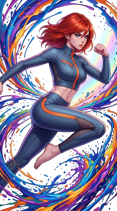 score_9, masterpiece, best quality, ultra-detailed, high-budget anime keyframe, Caucasian woman, strictly human ears. upper body close-up from the thighs up, character filling the screen for maximum presence. leaping into a vorticist paint splatter d