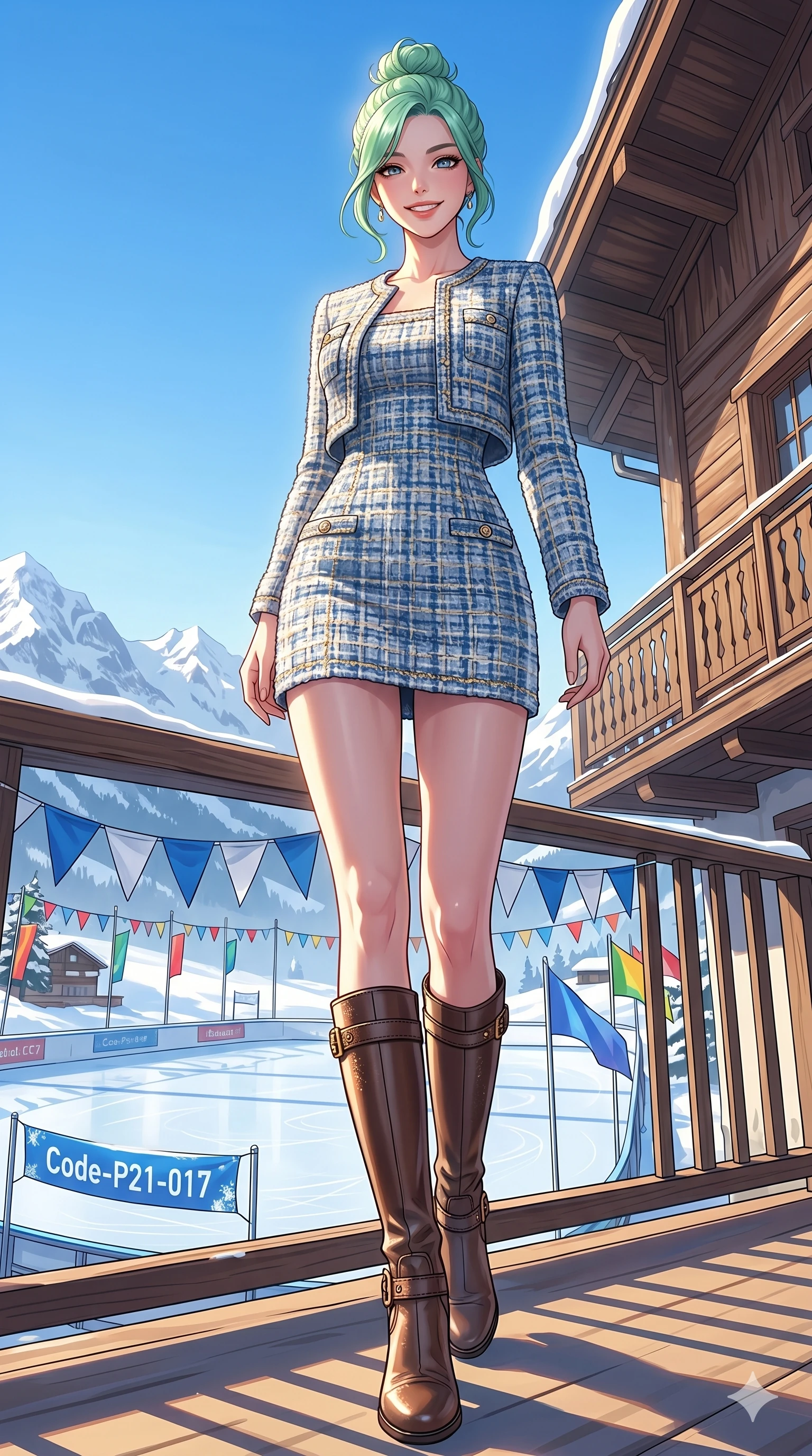 score_9, masterpiece, best quality, ultra-detailed, high-budget anime keyframe, vibrant anime aesthetic, Japanese woman. low angle full-body shot from head to toe showing her feet, filling the entire 9:16 vertical frame with her statuesque presence, stretching her vertical silhouette. She is standing on the chalet balcony, looking at the camera with a confident, radiant smile by a sunny outdoor ice rink decorated with festive banners and colorful flags (Code-P21-017). She has an absolutely perfect 8-heads proportion, an exceptionally tall and slender female figure with impossibly long slender legs and an ultra-slim waist. V-shaped jawline, high-bridge nose, intricate jewel-like eyes with depth, thick eyelashes, glossy lips with a natural sheen. wearing a chic tweed dress with a matching cropped jacket and boots. She is illuminated by a brilliant midday winter sun, highlighting her athletic figure and smile. 2k, ultra detail, master piece, 9:16 ratio