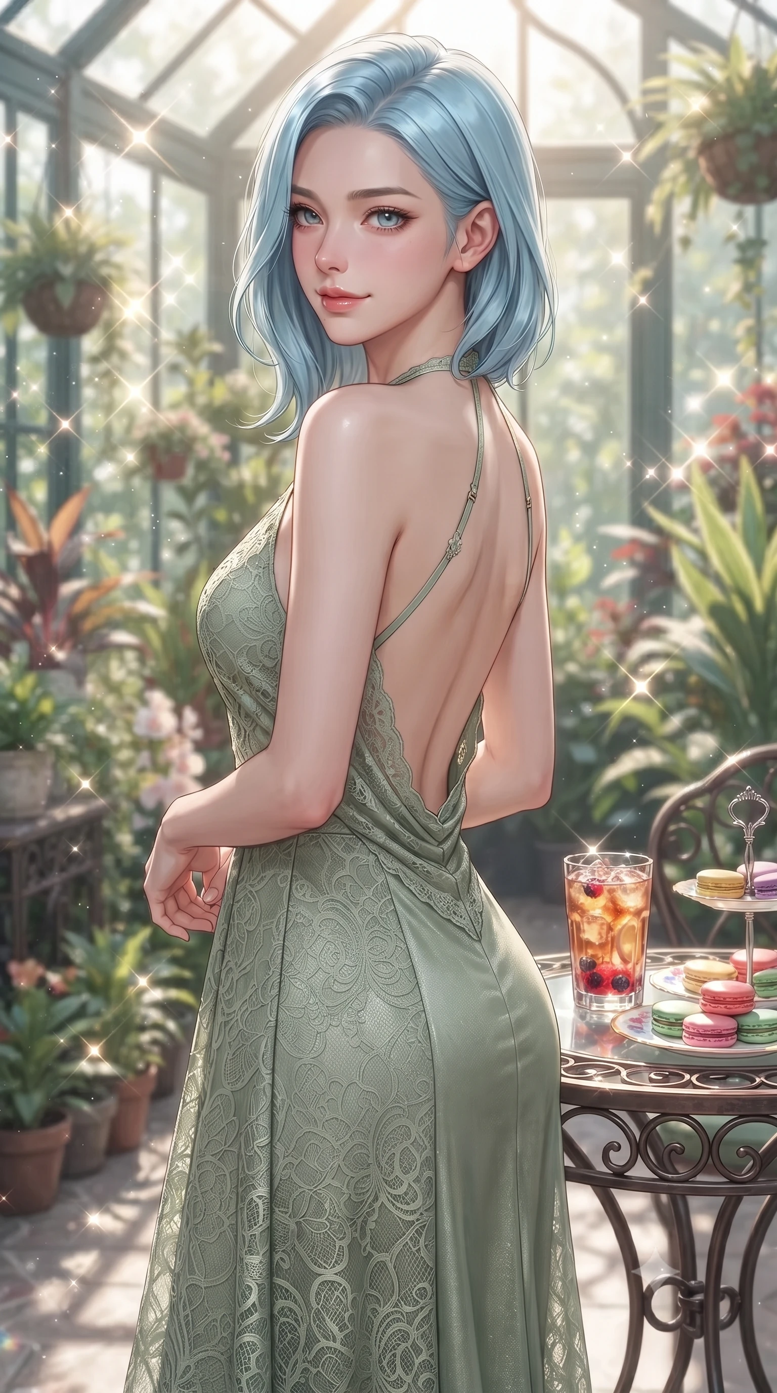 score_9, masterpiece, best quality, ultra-detailed, high-budget anime keyframe, editorial fashion photography, tasteful artistic composition, Korean woman. close-up cowboy shot from the waist and thighs up, the character dominates the composition, filling the frame with her large presence, background elements kept in soft focus. glancing sidelong over her shoulder with an intoxicating, lingering stare and a subtle, knowing smile set against a soft-focus background of inside an exclusive botanical greenhouse with a glass of iced fruit tea and delicate macaron pastries arranged on the table. She has an exceptionally elegant, slender, and willowy female figure with an ultra-slim waist, a gracefully sculpted slender torso, and a refined silhouette. sharp v-shaped jawline, high-bridge nose, intricate jewel-like eyes with depth, thick eyelashes, glossy lips with a natural sheen. wearing tailored sage green delicate lace backless linen halter dress featuring delicate straps and a draped open-back design featuring refined tailored seams. lit by crisp morning sun rays creating sparkling glints on polished glass and water. ultra-reflective glossy finish, specular highlights, metallic sheen, high-contrast stereoscopic depth, volumetric dynamic lighting, 2k, ultra detail, master piece, 9:16 ratio