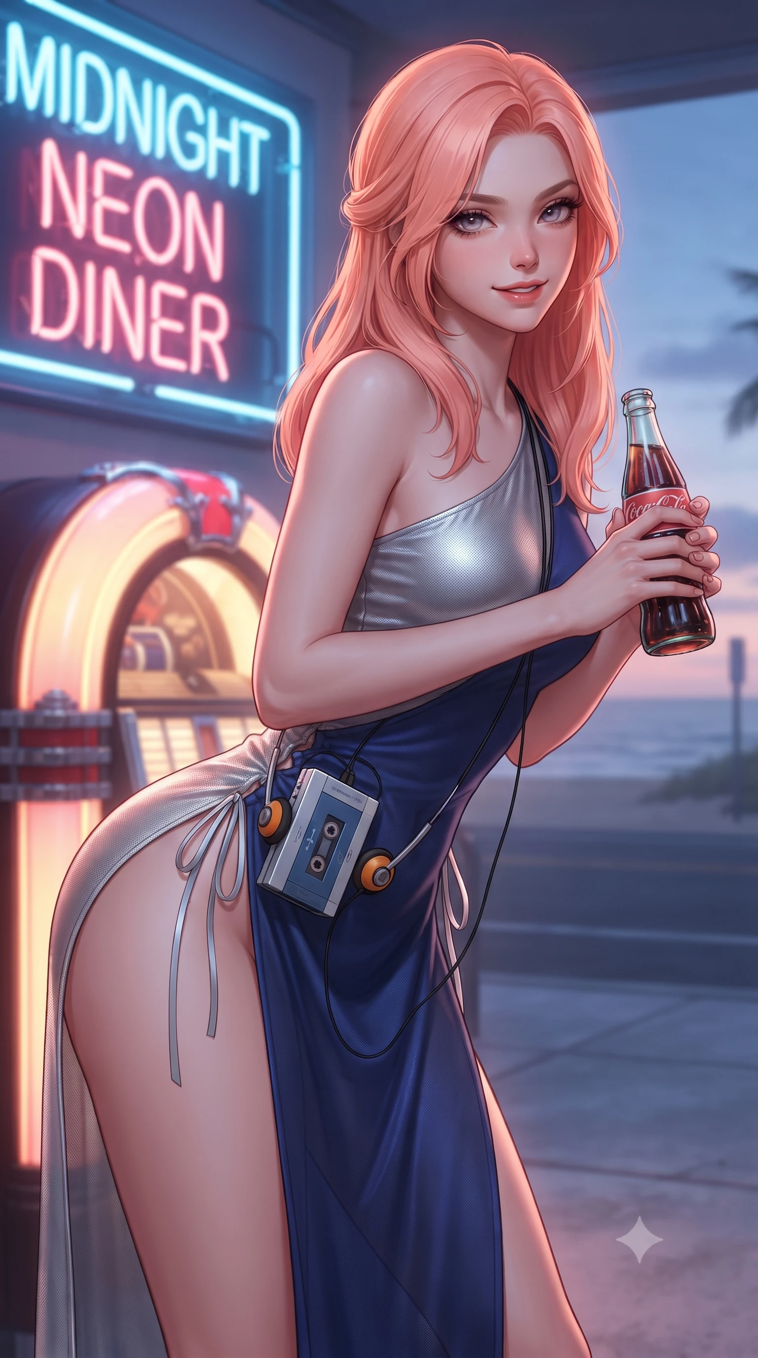 score_9, masterpiece, best quality, ultra-detailed, high-budget anime keyframe, editorial fashion photography, tasteful artistic composition, Japanese woman. close-up cowboy shot from the waist and thighs up, the character dominates the composition, filling the frame with her large presence. leaning forward while arching her lower back to accentuate her curvy hips, looking into the camera with an intoxicating smoldering gaze and bedroom-eyes while standing poised beside the diner's glowing neon sign with hips cocked back, holding a glass bottle soda with an intoxicating smile. The background shows a soft-focus glowing chrome diner jukebox softened in breezy beachside highway shallow focus. She has an exceptionally elegant, slender, and willowy female figure with an ultra-slim waist, flat toned midriff, narrow ribcage, and sculpted feminine hips creating an alluring, slim hourglass silhouette without bulk. sharp v-shaped jawline, high-bridge nose, sparkling eyes with hypnotic seductive depth, thick curled eyelashes, glossy parted lips with a natural dewy peach sheen, alluring bedroom-eyes with an enchanting coquettish smile, exuding magnetic siren charisma and sophisticated glamour, flawlessly proportioned anatomical accuracy, strict slender model proportions, natural body alignment, perfectly sculpted long slender limbs, ultra-slim waistline, clean dynamic posture without body distortion. wearing an asymmetric one-shoulder modern hanbok tunic with dramatic side hip slit and delicate waist ribbons in metallic liquid silver and deep sapphire navy, made of semi-opaque stretch illusion mesh with soft shadowy contours, complemented by a retro cassette walkman with vintage foam-padded orange headphones, the second-skin tailored fabric adhering flawlessly to her sculpted flat midriff and slender torso, emphasizing her long leg lines and perfectly proportioned willowy build. bathed in the glowing neon illumination of the diner sign mixed with twilight coastal sky fill. ultra-reflective glossy finish, specular highlights, rich textural contrasts, high-contrast stereoscopic depth, volumetric dynamic lighting, 2k, ultra detail, master piece, 9:16 ratio