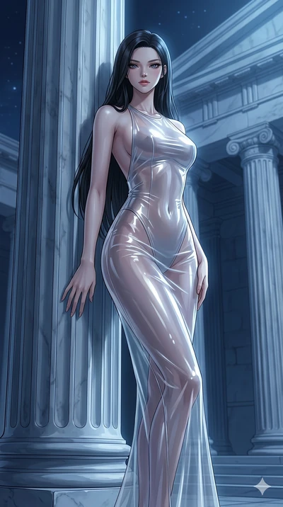 score_9, masterpiece, best quality, ultra-detailed, High-budget Anime Keyframe, East Asian woman. Low angle cowboy shot filling the entire 9:16 frame with her statuesque presence. Scenario 83: Leaning against a cold marble pillar in a moonlit greek t