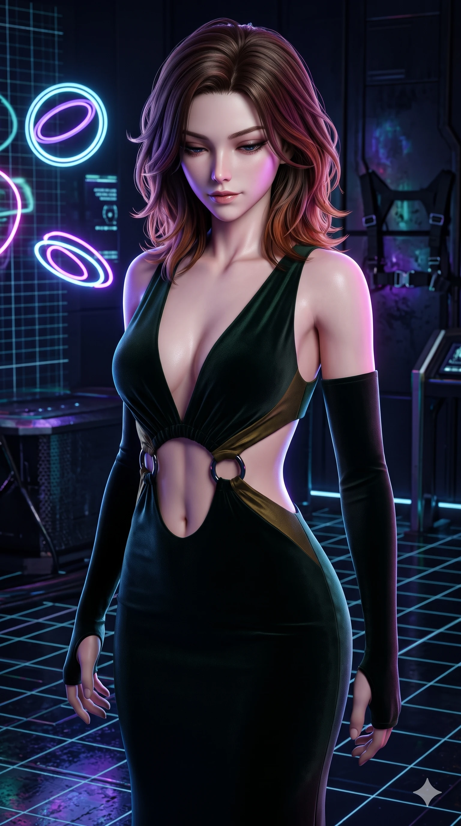 score_9, masterpiece, best quality, ultra-detailed, high-budget anime keyframe, semi-realistic 3D game render, editorial fashion photography, tasteful artistic composition, Korean woman. close-up cowboy shot from the waist and thighs up, the character dominates the composition, filling the frame with her large presence. looking down with lowered lashes and a composed, powerful dark aura, her tailored outfit tracing her curves while twisting her slender torso in an alluring contrapposto stance, floating geometric neon rings reflecting across her flat midriff and hips. The surrounding environment is rendered in vivid detail and crisp panoramic clarity: detailed wet-look vinyl bodysuit cling, tactical harness buckle hardware, and cybernetic textures in razor-sharp precision. She has an exceptionally elegant, slender, and willowy female figure with an ultra-slim waist, flat toned midriff, narrow ribcage, and sculpted feminine hips creating an alluring, slim hourglass silhouette without bulk. sharp v-shaped jawline, high-bridge nose, intricate jewel-like dark sparkling eyes with hypnotic seductive depth, thick curled eyelashes, glossy parted lips with a natural wine sheen, alluring bedroom-eyes with an enigmatic smoldering smile, exuding magnetic sovereign charisma and dark avant-garde glamour, flawlessly proportioned anatomical accuracy, strict slender model proportions, natural body alignment, perfectly sculpted long slender limbs, ultra-slim waistline, clean dynamic posture without body distortion. wearing a slinky deep-V liquid dark jersey cocktail dress with waist cutout accentuating her curves in deep velvet forest green and antique brass, woven from bespoke high-density barathea wool with refined ceremonial hold, accented with sculpted obsidian chrome rings at the waist, the glove-like silhouette tightly following the natural contour of her hips and long slender legs with youthful 8.5-heads elegance. illuminated by floating neon grid upward bounce and sharp ultraviolet rim lights defining her razor-sharp jawline, narrow waist, and curvy hips. highly saturated vibrant anime colors, detailed shading with soft gradients, rich glossy textures, high-contrast stereoscopic depth, volumetric dynamic lighting, master piece, 9:16 ratio