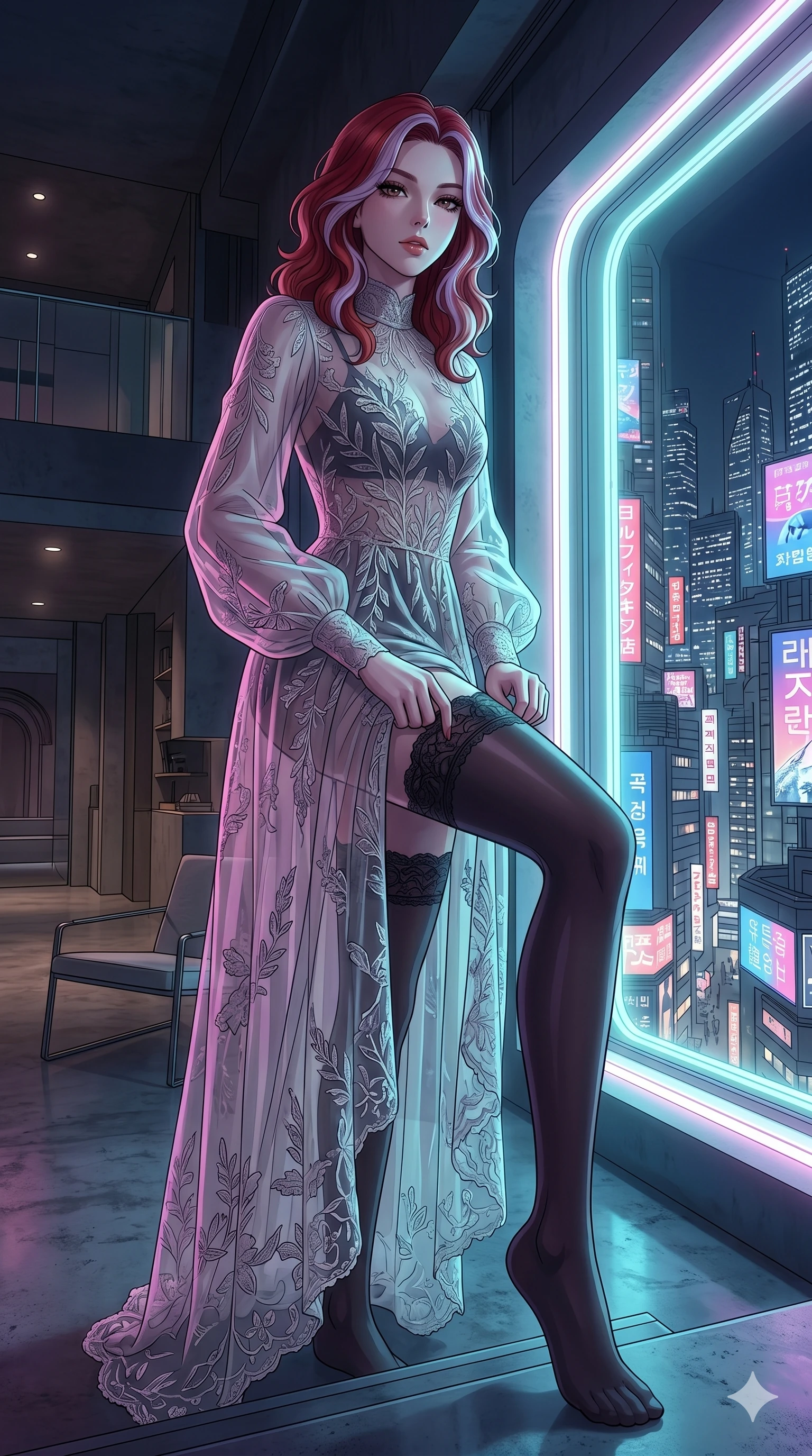 score_9, masterpiece, best quality, ultra-detailed, High-budget Anime Keyframe, East Asian woman. Low angle cowboy shot filling the entire 9:16 frame with her statuesque presence. Scenario 217: Adjusting her sculptural over-the-knee stocking by a glowing neon window. Her presence is magnetic and overpowering in this high-budget anime scene. Outfit 217: A translucent organza long with a elegant high-fashion silhouette and delicate lace embroidery. The clothing is designed to emphasize her exceptionally tall and slender 8-heads proportion. 8-heads proportion, towering silhouette, ultra-slim waist. sharp v-shaped jawline, intricate jewel-like eyes with depth, thick eyelashes, glossy lips. 2k, ultra detail, master piece, 9:16 ratio