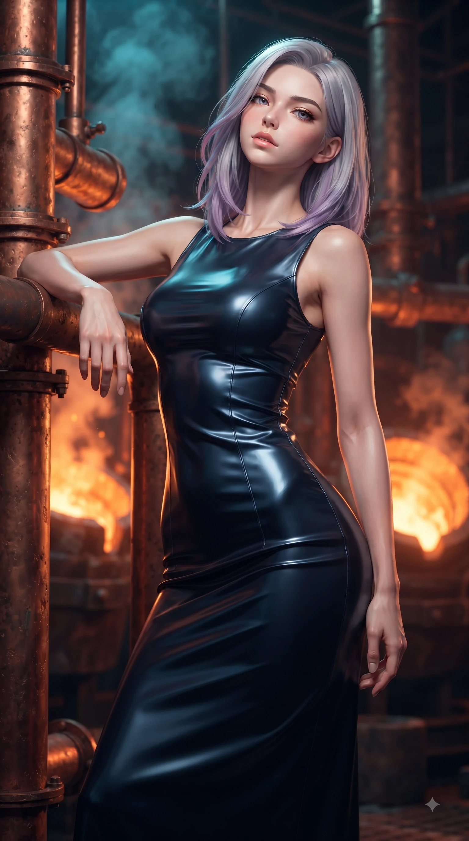 score_9, masterpiece, best quality, ultra-detailed, high-budget anime keyframe, editorial fashion photography, tasteful artistic composition, Caucasian woman woman. close-up cowboy shot from the waist and thighs up, the character dominates the composition, filling the frame with her large presence, background elements kept in soft focus. She has an exceptionally elegant, slender, and willowy female figure with an ultra-slim waist, a gracefully sculpted slender torso, and a refined silhouette. leaning back effortlessly against the surrounding architecture with an air of magnetic superiority, flawlessly proportioned anatomical accuracy, natural body alignment, perfectly sculpted elegant limbs, clean dynamic posture without body distortion. set against a soft-focus background of a copper pipe industrial foundry with liquid aurora crucibles. wearing a sleek midnight navy silk column dress with form-contouring tailored seams. bathed in intense orange furnace light clashing with cool cyan steam highlights. ultra-reflective glossy finish, specular highlights, metallic sheen, high-contrast stereoscopic depth, volumetric dynamic lighting, 2k, ultra detail, master piece, 9:16 ratio