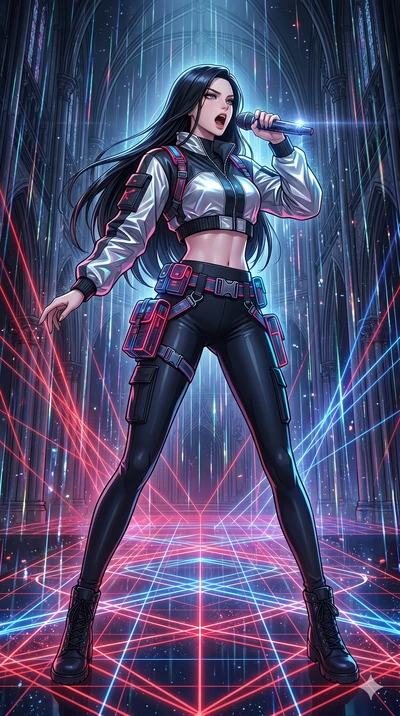 score_9, masterpiece, best quality, ultra-detailed, high-budget anime movie keyframe, cinematic anime lighting, intricate line art, Korean woman. Dynamic full-body shot stretching the vertical silhouette across the 9:16 frame. singing on a laser stag