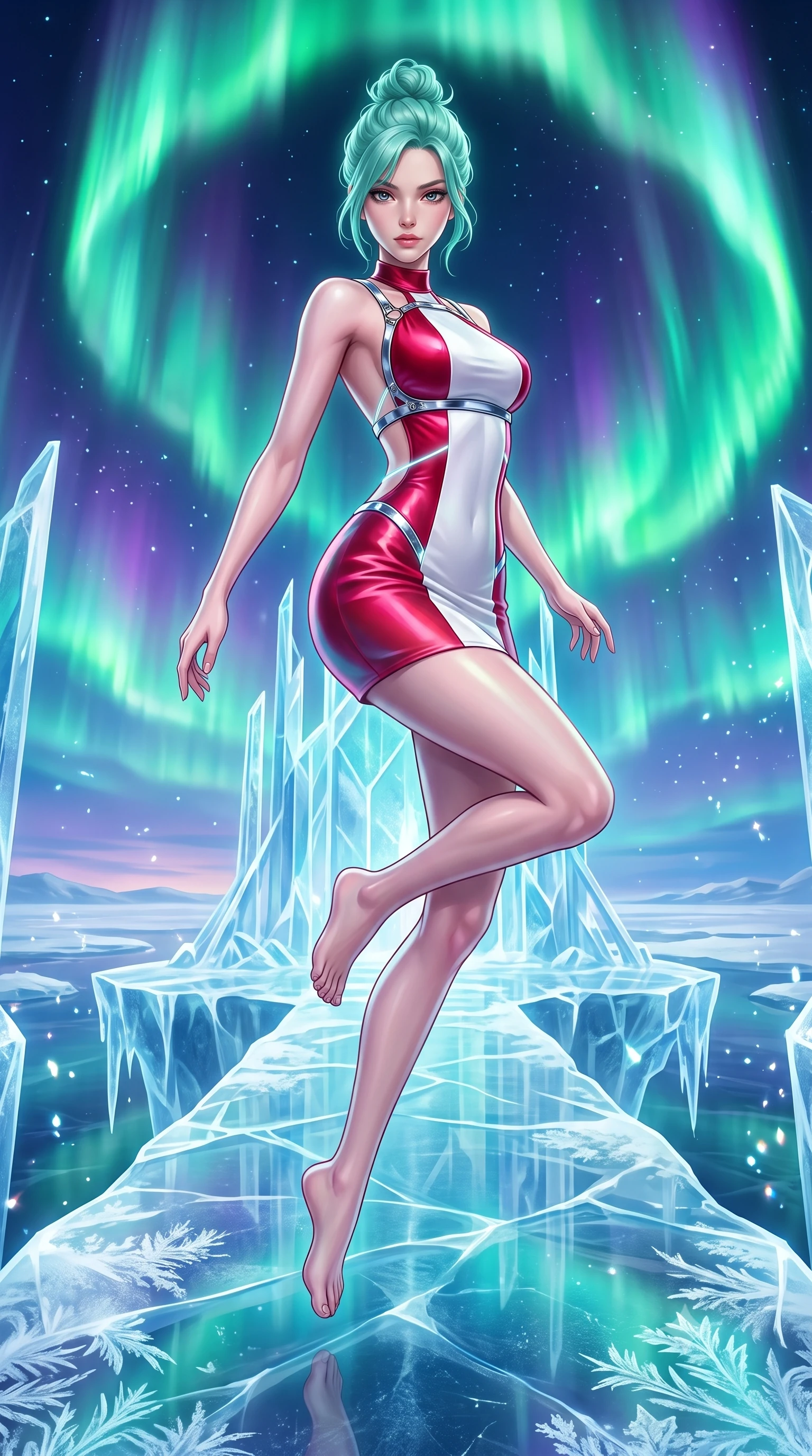 score_9, masterpiece, best quality, ultra-detailed, high-budget anime keyframe, semi-realistic 3D game render, editorial fashion photography, tasteful artistic composition, Japanese woman. low angle full-body shot from head to toe showing her feet, filling the entire 9:16 vertical frame with her statuesque presence, stretching her vertical silhouette. performing an alluring mid-air vault with flawless poise, looking directly into the camera with smoldering intensity while striding gracefully along a translucent glacial bridge suspended beneath a swirling emerald aurora in a soaring crystal palace. The surrounding environment is rendered in vivid detail and crisp panoramic clarity. crisp frost patterns, glowing ice platform reflections, and panoramic polar horizon in high resolution. She has an absolutely perfect, statuesque 8.5-heads proportion, an exceptionally tall and slender model-like female figure with impossibly long slender legs, a toned flat midriff, and an ultra-slim waist. sharp v-shaped jawline, high-bridge nose, intricate jewel-like eyes with depth, thick eyelashes, glossy lips with a natural sheen, flawlessly proportioned anatomical accuracy, strict slender model proportions, natural body alignment, perfectly sculpted long slender limbs, ultra-slim waistline, clean dynamic posture without body distortion. wearing a second-skin fashion-latex mini dress with a clean architectural front, featuring an open-back design that wraps around the sides of her waist, showcasing her slender silhouette in radiant crimson silk and crisp snow white, made of smooth iridescent silk chiffon that shifts colors with movement, reinforced by a sleek metallic chrome harness and delicate glowing micro-straps, the glove-like aerodynamic second-skin fit tightly clinging to her ultra-slender waist and athletic curves without adding bulk, accentuating her razor-sharp statuesque lines and slim hourglass silhouette. bathed in glowing emerald and violet aurora borealis radiance and sparkling diamond-dust refractions. highly saturated vibrant anime colors, detailed shading with soft gradients, rich glossy textures, high-contrast stereoscopic depth, volumetric dynamic lighting, master piece, 9:16 ratio