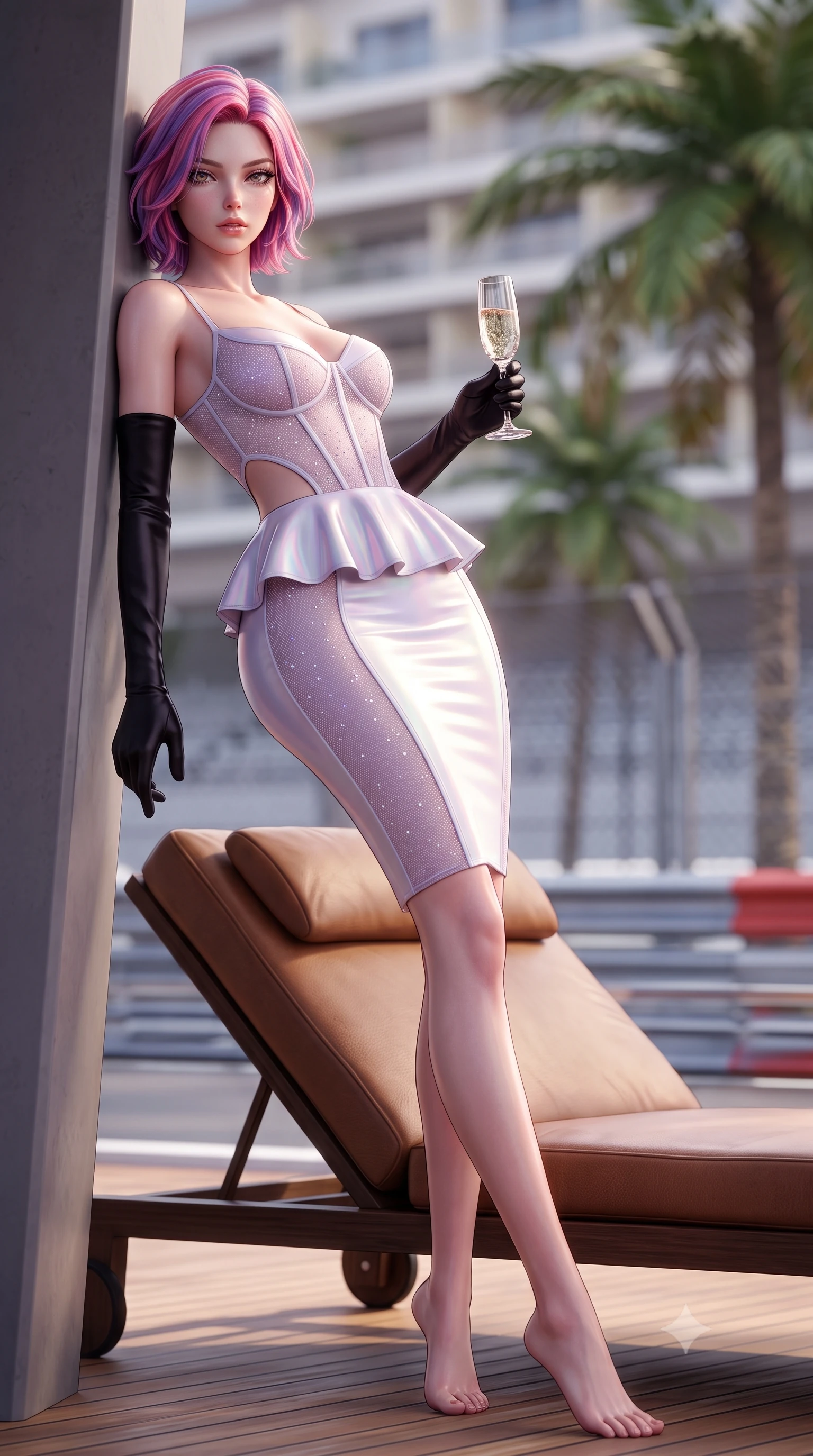 score_9, masterpiece, best quality, ultra-detailed, high-budget anime keyframe, semi-realistic 3D game render, editorial fashion photography, tasteful artistic composition, Caucasian woman. low angle full-body shot from head to toe showing her feet, filling the entire 9:16 vertical frame with her statuesque presence, stretching her vertical silhouette. leaning deep against the structural architecture with hips cocked in an unapologetically bold, seductive high-fashion stance while lounging languidly across an outdoor leather yacht lounger, one leg extended and torso propped on one elbow to accentuate her sweeping hip line. The composition keeps background elements in soft focus with creamy bokeh. grand prix circuit barriers and terrace palm trees softened in glamorous shallow focus. She has an absolutely perfect, statuesque 8.5-heads proportion, an exceptionally tall and slender model-like female figure with impossibly long slender legs, a toned flat midriff, an ultra-slim waist, and beautifully sculpted feminine hips. sharp v-shaped jawline, high-bridge nose, intricate jewel-like eyes with depth, thick eyelashes, glossy parted lips with a natural sheen, intensely captivating and seductive bedroom-eyes expression, flawlessly proportioned anatomical accuracy, strict slender model proportions, natural body alignment, perfectly sculpted long slender limbs, ultra-slim waistline, clean dynamic posture without body distortion. wearing a modern peplum corset dress with side-waist diamond cutouts and an ultra-tight silhouette in pearlescent opal with soft violet luster, made of sheer contouring power-mesh with fine crystal flocking, accessorized with opera-length black satin gloves and a vintage crystal champagne flute, the liquid-tight tailored fabric clinging flawlessly to her narrow waist and rounded feminine hips, emphasizing every millimeter of her sculpted hourglass curves during movement. surrounded by an elite, intoxicating, and irresistibly glamorous Monte Carlo heiress aura. highly saturated vibrant anime colors, detailed shading with soft gradients, rich glossy textures, high-contrast stereoscopic depth, volumetric dynamic lighting, master piece, 9:16 ratio