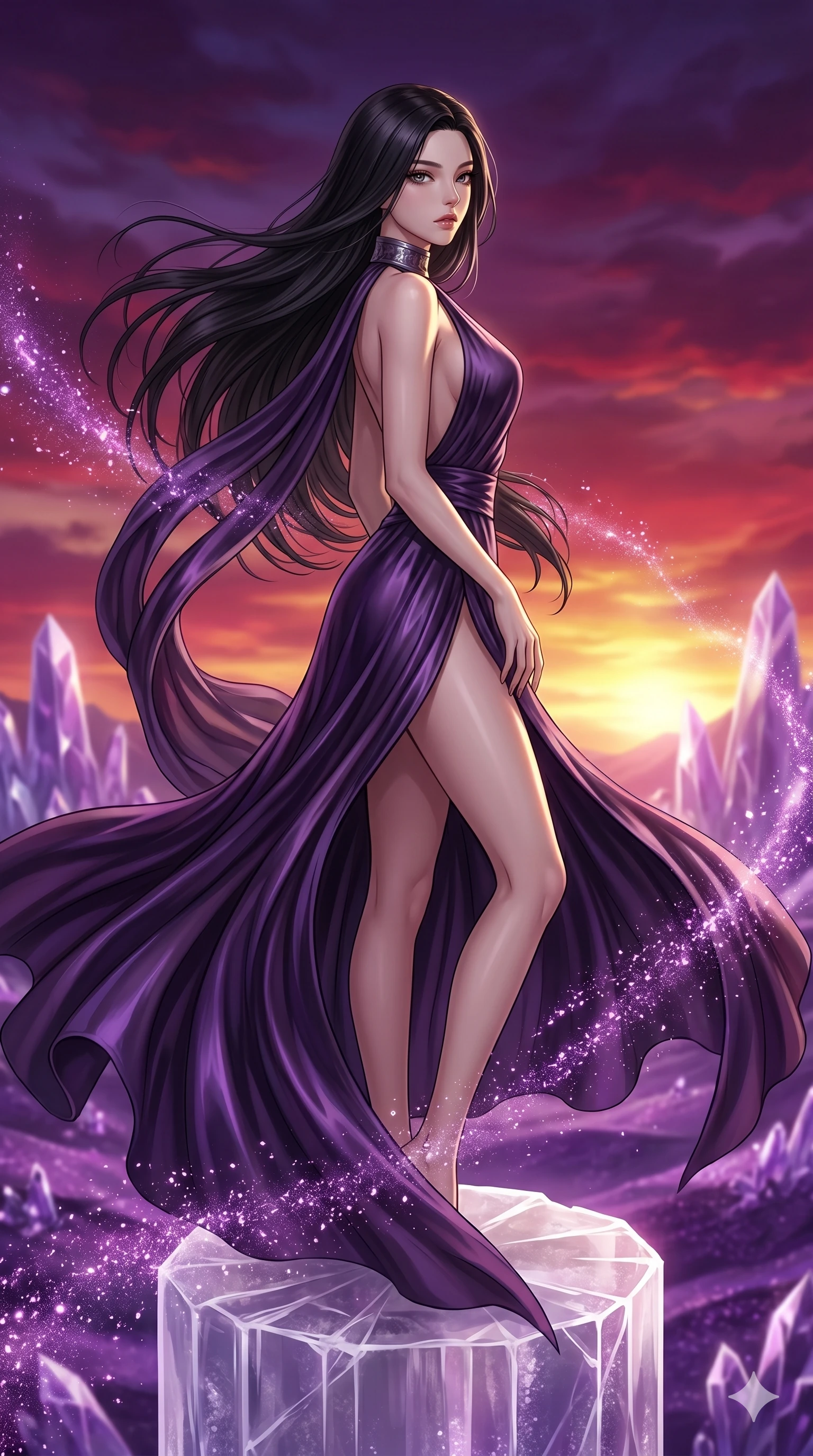 score_9, masterpiece, best quality, ultra-detailed, high-budget anime keyframe, Korean woman. upper body close-up from the thighs up, character filling the screen for maximum presence. standing atop a transparent salt crystal tower in a purple crystalline desert as winds blow shimmering purple dust under a crimson sunset. She has an absolutely perfect 8-heads proportion, an exceptionally tall and slender female figure with impossibly long slender legs and an ultra-slim waist. V-shaped jawline, high-bridge nose, intricate jewel-like eyes with depth, thick eyelashes, glossy lips with a natural sheen.. wearing a gothic liquid silk gown, featuring a deep purple liquid silk maxi gown draped around her, secured by a metallic choker collar, with a high side slit. lit by a soft glowing ambient light and a sharp side key light that traces the sleek contours of her athletic build. 2k, ultra detail, master piece, 9:16 ratio