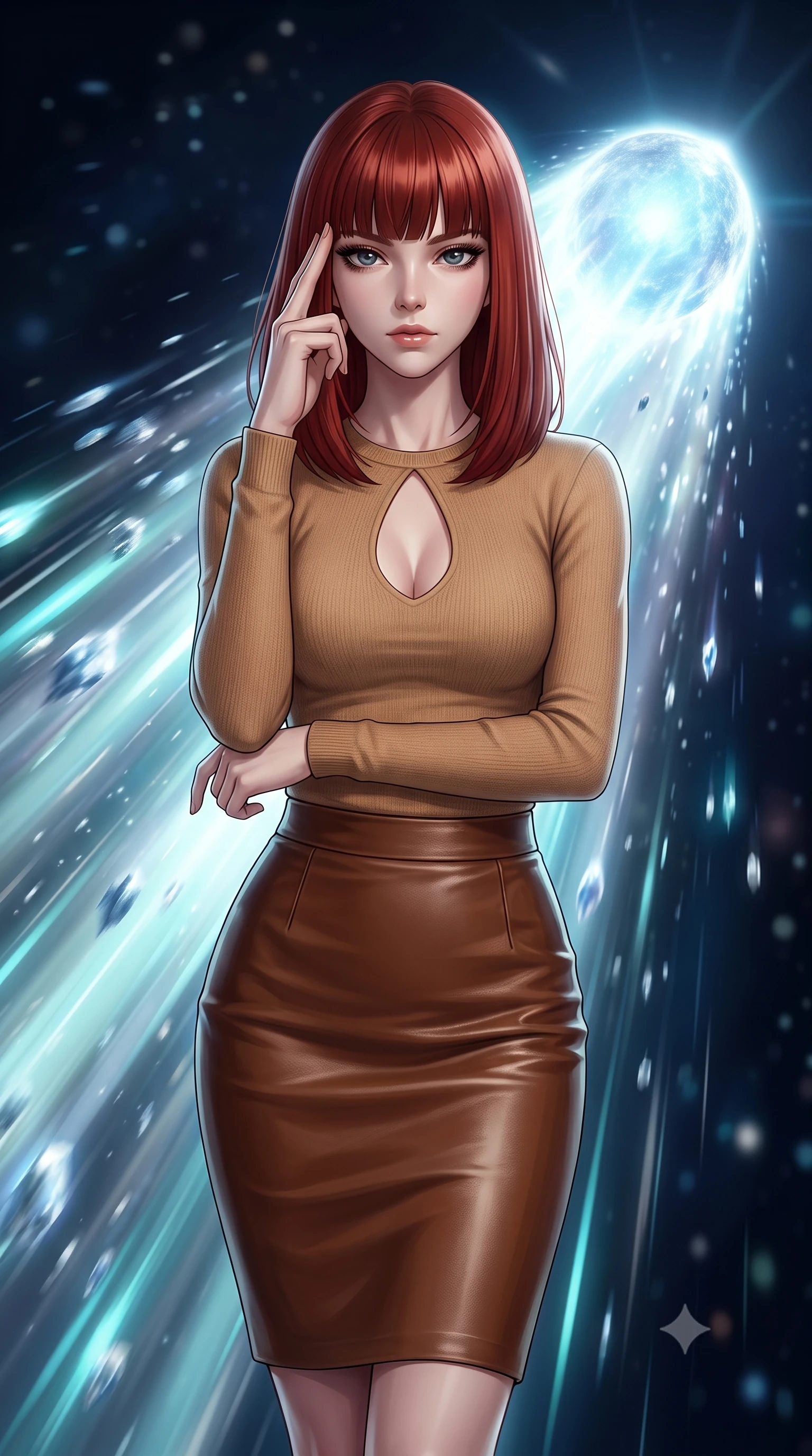 score_9, masterpiece, best quality, ultra-detailed, high-budget anime keyframe, editorial fashion photography, tasteful artistic composition, Caucasian woman, strictly human ears. close-up cowboy shot from the waist and thighs up, the character dominates the composition, filling the frame with her large presence, background elements kept in soft focus. Pressing two fingers to her temple in a composed thoughtful gesture. set against a soft-focus background of riding the luminous tail of a comet as it streaks through deep space with silver and blue ice particles streaming past at incredible speed and the comet's nucleus glowing ahead like a frozen sun. She has an exceptionally elegant and slender, willowy female figure with an ultra-slim waist, a gracefully sculpted slender torso, and a refined slim physique. sharp v-shaped jawline, high-bridge nose, intricate jewel-like eyes with depth, thick eyelashes, glossy lips with a natural sheen. wearing a camel-colored knit top with a keyhole chest cutout, paired with a brown leather pencil skirt. intense directional silver-blue light from the comet's nucleus ahead with streaming particle trails creating motion-blur light streaks in cool cyan and white. 2k, ultra detail, master piece, 9:16 ratio