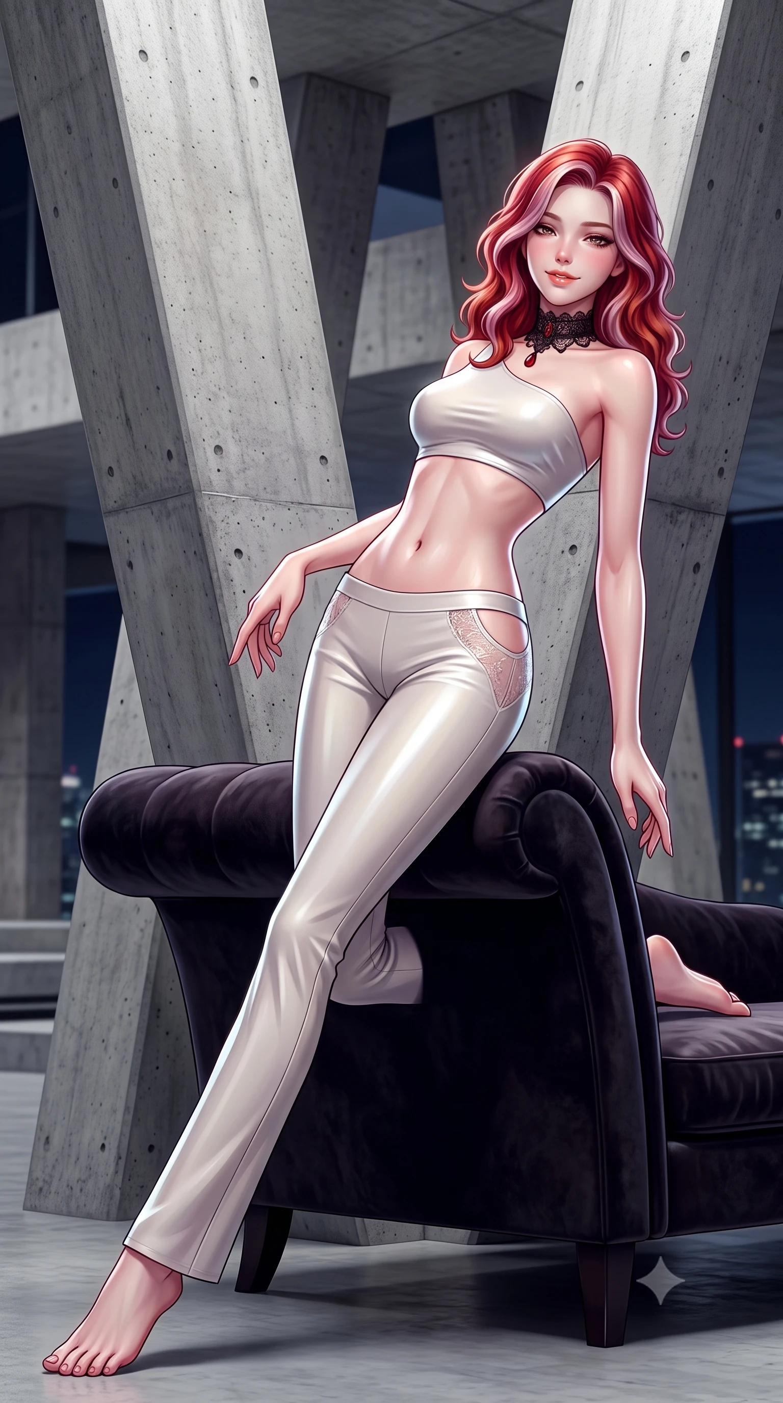 score_9, masterpiece, best quality, ultra-detailed, high-budget anime keyframe, semi-realistic 3D game render, editorial fashion photography, tasteful artistic composition, Caucasian woman. low angle full-body shot from head to toe showing her feet, filling the entire 9:16 vertical frame with her statuesque presence, stretching her vertical silhouette. reclining gracefully across the plush chaise lounge with one leg extended, her sculpted silhouette and flat midriff radiating magnetic nocturnal glamour while standing between massive angled raw concrete pillars, arching her lower back with dramatic high-fashion contrast against the stone. The surrounding environment is rendered in vivid detail and crisp panoramic clarity: detailed second-skin stretch knit cling, glossy lip sheen, and sculptural brutalist architecture in razor-sharp precision. She has an absolutely perfect, statuesque 8.5-heads proportion, an exceptionally tall and slender model-like female figure with impossibly long slender legs, an ultra-slim waist, a flat toned midriff, narrow delicate ribcage, and beautifully sculpted feminine hips creating a graceful, slim hourglass silhouette without any bulky heaviness. sharp v-shaped jawline, high-bridge nose, sparkling eyes with hypnotic seductive depth, thick curled eyelashes, glossy parted lips with a natural dewy peach sheen, alluring bedroom-eyes with an enchanting coquettish smile, exuding magnetic siren charisma and sophisticated glamour, flawlessly proportioned anatomical accuracy, strict slender model proportions, natural body alignment, perfectly sculpted long slender limbs, ultra-slim waistline, clean dynamic posture without body distortion. wearing a form-contouring one-shoulder minimalist bandeau top paired with low-rise tailored trousers with sheer hip cutouts in pure pearl alabaster with liquid platinum sheen, woven from buttery-soft stretch lambskin leather adhering to her body like a second skin, accented with an ornate black lace Victorian choker featuring a single blood-red teardrop garnet, the precision-cut side openings and low-back scoop framing her graceful spine and the sensual sweep of her slim, toned hips. illuminated by concrete bounce fill and sharp platinum-white rim lights sculpting her jawline, flat midriff, and curvaceous hips. highly saturated vibrant anime colors, detailed shading with soft gradients, rich glossy textures, high-contrast stereoscopic depth, volumetric dynamic lighting, master piece, 9:16 ratio