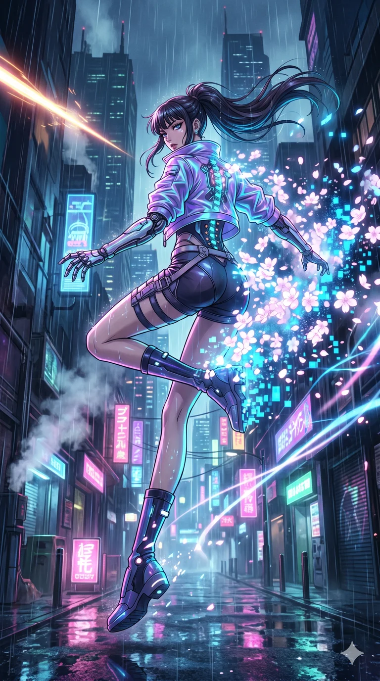 score_9, masterpiece, best quality, ultra-detailed, High-budget Anime Keyframe, vibrant colors, fluid line-art, expressive lighting, cinematic composition, Ufotable-style visual effects, top-tier animation quality, Japanese woman with delicate and elegant anime-inspired features. Dynamic full-body shot stretching the vertical silhouette, capturing her from a powerful low-angle perspective. Vanishing into a sudden cloud of glowing cherry blossoms and digital pixels to escape an incoming attack. She has an absolutely perfect 8-heads proportion, an exceptionally tall and slender female figure with impossibly long slender legs and an ultra-slim waist, her statuesque height and towering silhouette dominating the vertical 9:16 frame. Her face is a masterpiece featuring a sharp v-shaped jawline, high-bridge nose, intricate jewel-like eyes with depth, thick eyelashes, and glossy lips with a natural sheen. She is wearing a Cyber-augmented streetwear featuring mechanical arm parts and a micro-shorts/harness combo crafted from Iridescent vinyl with a futuristic sheen that shifts between violet and cyan, boasting shoulder cut-outs and a glowing spinal interface visible through the back. The scene is set in a sprawling cyberpunk metropolis in heavy rain with vibrant neon glows reflecting on every surface, illuminated by volumetric light beams cutting through a hazy atmosphere, creating a sense of depth. 2k, ultra detail, master piece, 9:16 ratio