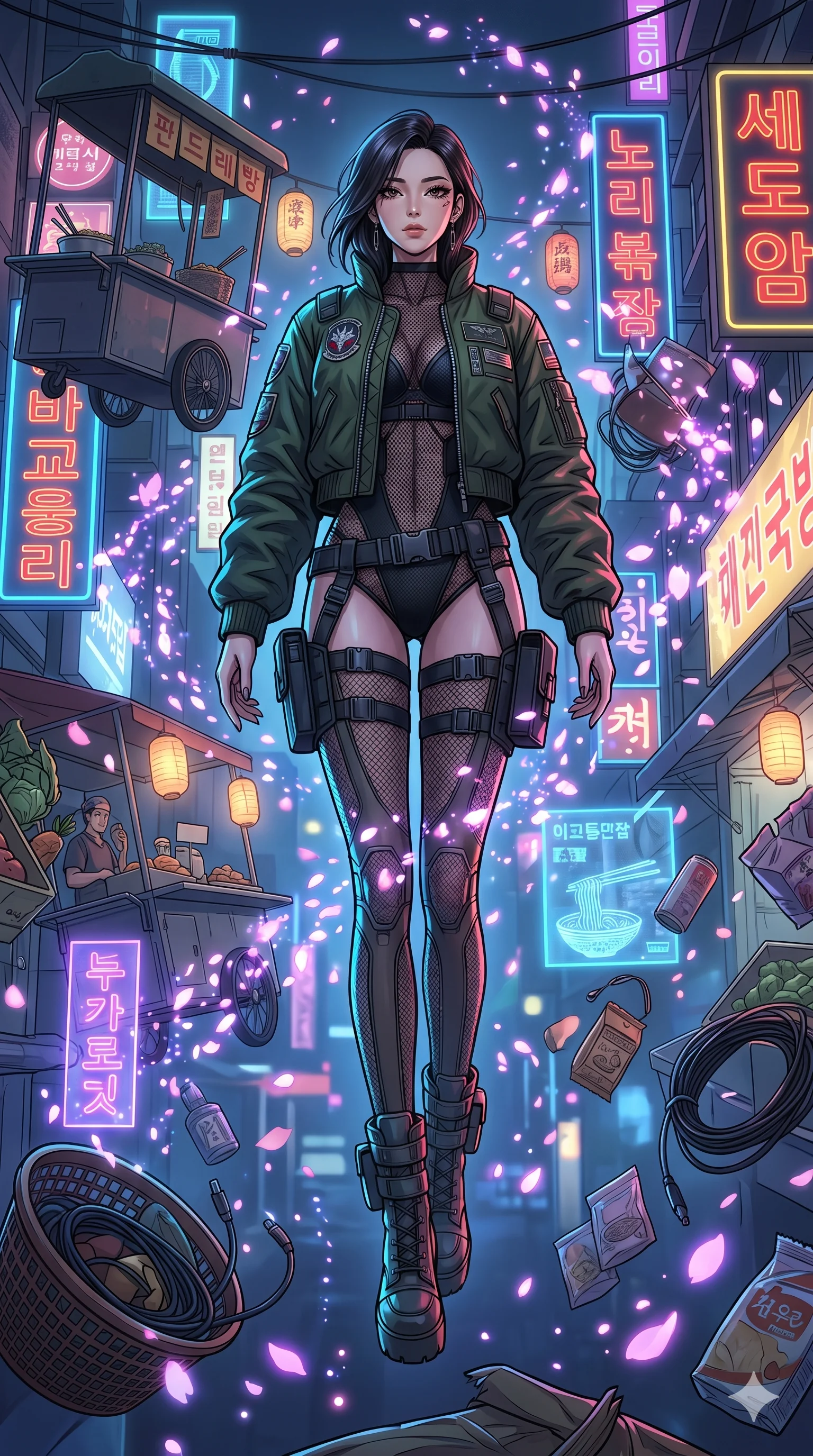score_9, masterpiece, best quality, ultra-detailed, Set A: High-budget Anime Keyframe, Korean woman. Low angle cowboy shot filling the entire 9:16 frame with her statuesque presence. Floating through a neon-lit Neo-Seoul market, as gravity fails and everything around her floats in state 6 and surrounded by digital sakura petals. She has an absolutely perfect 8-heads proportion, an exceptionally tall and slender female figure with impossibly long slender legs and an ultra-slim waist. Sharp v-shaped jawline, high-bridge nose, intricate jewel-like eyes with depth, thick eyelashes, glossy lips with a natural sheen. Wearing Heavy tactical bomber jacket worn over a micro-bodysuit with mesh stockings. Cinematic lighting, vibrant colors, dramatic shadows, 2k, ultra detail, master piece, 9:16 ratio