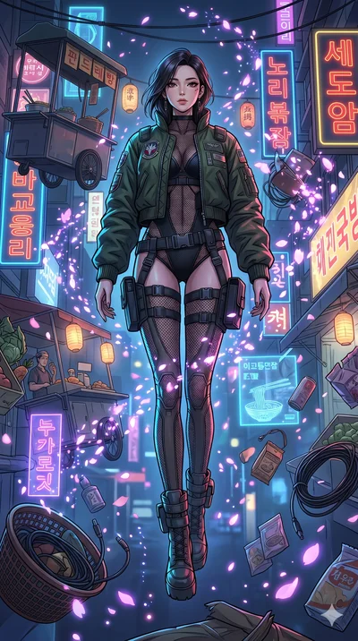 score_9, masterpiece, best quality, ultra-detailed, Set A: High-budget Anime Keyframe, Korean woman. Low angle cowboy shot filling the entire 9:16 frame with her statuesque presence. Floating through a neon-lit Neo-Seoul market, as gravity fails and 