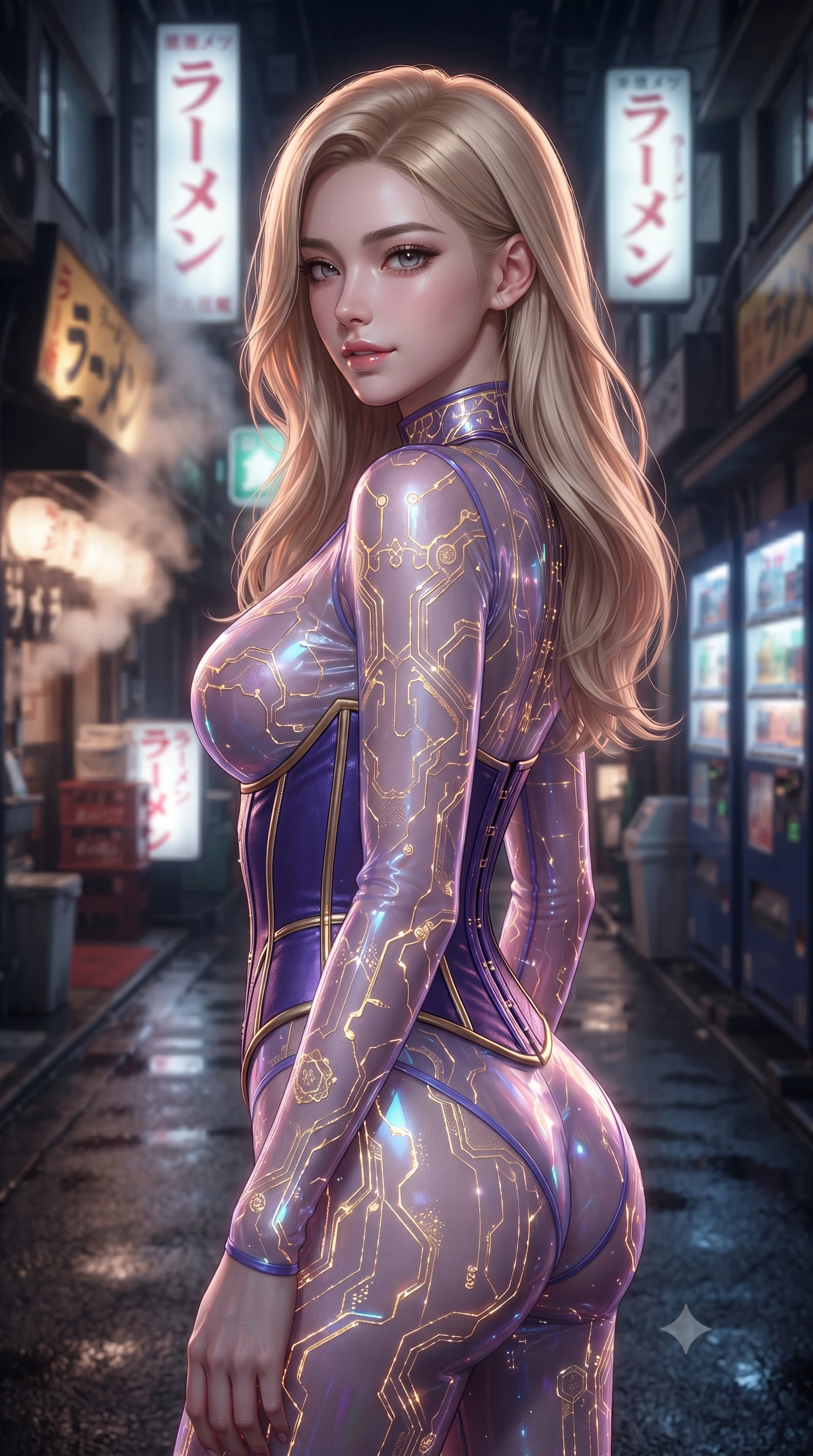 score_9, masterpiece, best quality, ultra-detailed, high-budget anime keyframe, editorial fashion photography, tasteful artistic composition, Korean woman. close-up cowboy shot from the waist and thighs up, the character dominates the composition, filling the frame with her large presence, background elements kept in soft focus. Glancing sidelong over her shoulder with a smoldering half-smile. set against a soft-focus background of a narrow atmospheric Tokyo alley at night densely packed with glowing signs in Japanese katakana steam rising from ramen shops vending machines casting colored pools of light on wet asphalt. She has an exceptionally elegant and slender, willowy female figure with an ultra-slim waist, a gracefully sculpted slender torso, and a refined slim physique. sharp v-shaped jawline, high-bridge nose, intricate jewel-like eyes with depth, thick eyelashes, glossy lips with a natural sheen. wearing a sheer holographic bodysuit in violet, featuring embedded gold-lace circuits and a matching underbust corset. soft glowing ambient light with sharp side key light tracing the sleek contours of her figure. 2k, ultra detail, master piece, 9:16 ratio