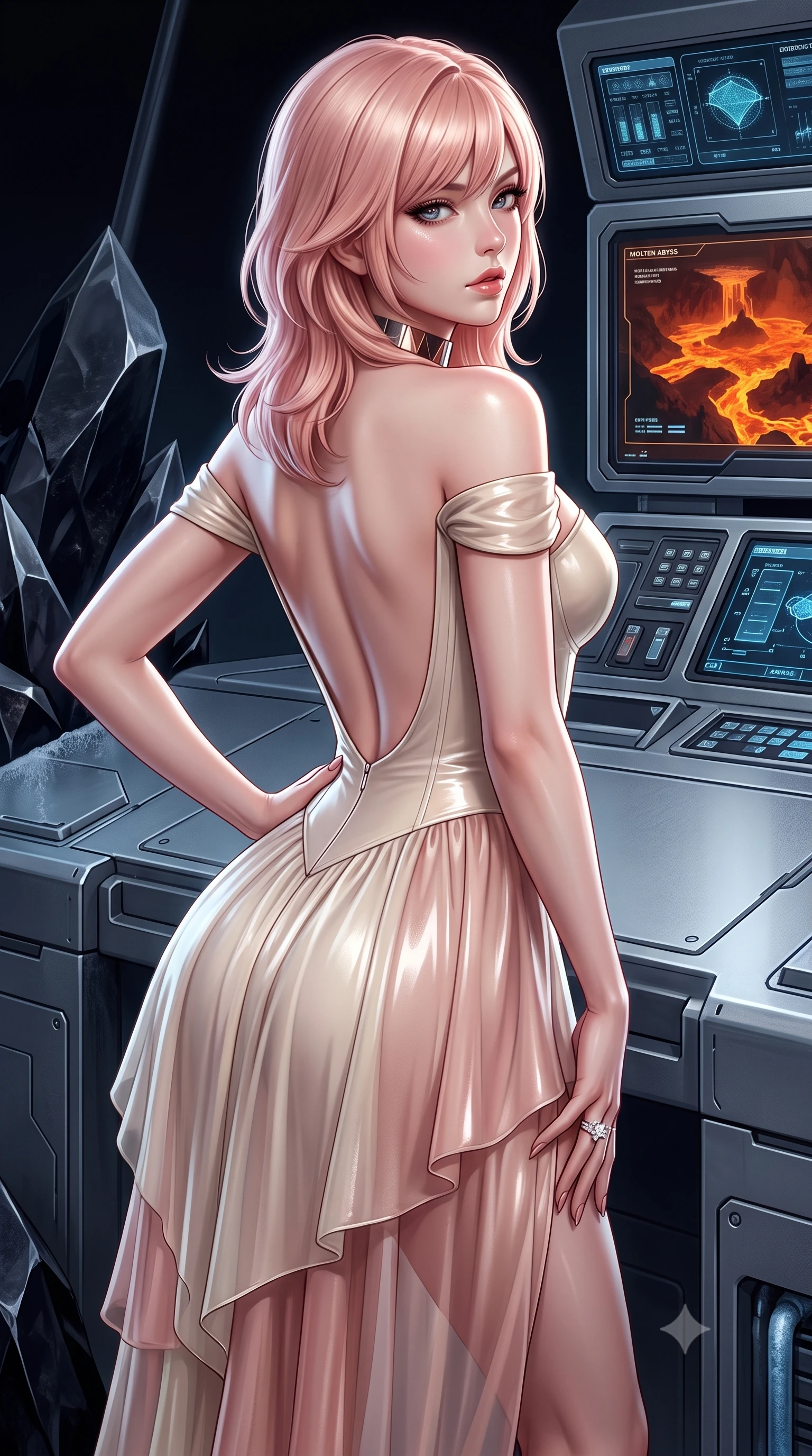 score_9, masterpiece, best quality, ultra-detailed, high-budget anime keyframe, semi-realistic 3D game render, editorial fashion photography, tasteful artistic composition, Japanese woman. close-up cowboy shot from the waist and thighs up, the character dominates the composition, filling the frame with her large presence. posing in an alluring rear three-quarter angle, arching her lower back in a pronounced S-curve with one hand on her hip, glancing seductively over her bare shoulder with parted glossy lips while leaning back against a cool matte-titanium console with hips cocked back, casting an audacious, fearless bedroom-gaze into the molten abyss. The surrounding environment is rendered in vivid detail and crisp panoramic clarity. sharp obsidian stone facets, titanium panel seams, and cooling pipe frost condensation in deep focus. She has an exceptionally elegant, slender, and willowy female figure with an ultra-slim waist, flat toned midriff, narrow ribcage, and sculpted feminine hips creating an alluring, slim hourglass silhouette without bulk. sharp v-shaped jawline, high-bridge nose, intricate jewel-like eyes with depth, thick eyelashes, glossy parted lips with a natural sheen, intensely captivating and seductive bedroom-eyes expression, flawlessly proportioned anatomical accuracy, strict slender model proportions, natural body alignment, perfectly sculpted long slender limbs, ultra-slim waistline, clean dynamic posture without body distortion. wearing an off-shoulder French court corset bodice dress paired with a tiered translucent chiffon slit skirt in vintage champagne ivory and delicate rose gold, tailored from second-skin aerodynamic stretch vinyl with specular wet sheen, complemented by a bold geometric choker and sparkling cocktail ring, the dramatically scooped open back descending to the base of her spine, accentuating her razor-sharp statuesque lines and slim hourglass silhouette. illuminated by high-contrast specular rim lights sharply sculpting her razor-sharp jawline, narrow waist, and curvy hips. highly saturated vibrant anime colors, detailed shading with soft gradients, rich glossy textures, high-contrast stereoscopic depth, volumetric dynamic lighting, master piece, 9:16 ratio
