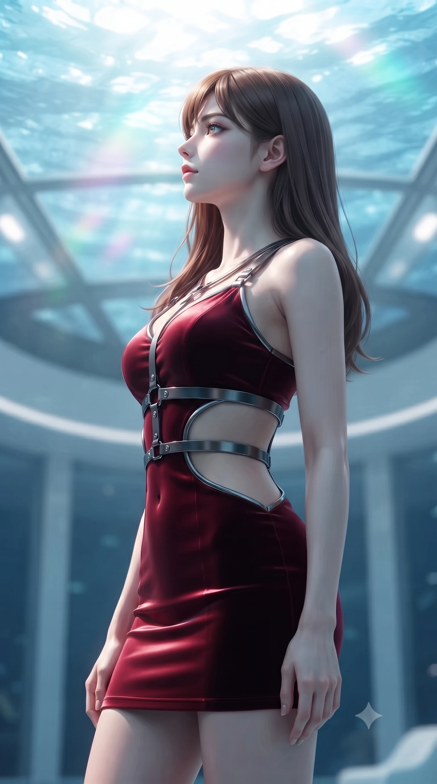 score_9, masterpiece, best quality, ultra-detailed, high-budget anime keyframe, editorial fashion photography, tasteful artistic composition, Korean woman. close-up cowboy shot from the waist and thighs up, the character dominates the composition, filling the frame with her large presence, background elements kept in soft focus. Turning her face in sharp dramatic profile against the key light, looking up at the sunlit water surface with a calm, serene expression, glass ceiling reflecting bright ocean light in soft-focus pastel spectrums. She has an exceptionally elegant, slender, and willowy female figure with an ultra-slim waist, a gracefully sculpted slender torso, and a refined silhouette. sharp v-shaped jawline, high-bridge nose, intricate jewel-like eyes with depth, thick eyelashes, glossy lips with a natural sheen. wearing dramatic architectural open-waist cutout mini dress in dark velvet framed by chrome hardware in metallic dark silver, made of soft crimson satin, highlighted by a gunmetal metallic harness structure, accentuating her gracefully sculpted slender torso. surrounded by an ethereal underwater aura with bright pearl rim lights. ultra-reflective glossy finish, specular highlights, metallic sheen, high-contrast stereoscopic depth, volumetric dynamic lighting, 2k, ultra detail, master piece, 9:16 ratio
