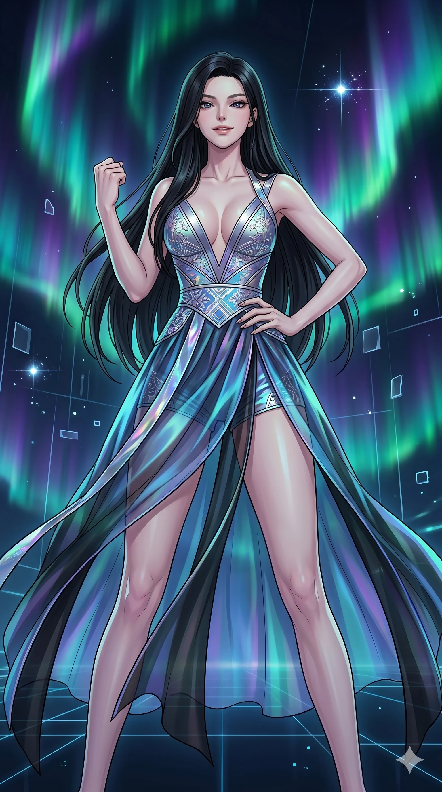 score_9, masterpiece, best quality, ultra-detailed, high-budget anime movie keyframe, cinematic anime lighting, intricate line art, Caucasian (strictly human ears) woman. Low angle cowboy shot filling the entire 9:16 frame with her statuesque presence. standing victoriously in a minimalist digital void amidst aurora borealis. She has an absolutely perfect 8-heads proportion, an exceptionally tall and slender female figure with an ultra-slim waist and impossibly long slender legs. sharp v-shaped jawline, high-bridge nose, intricate jewel-like eyes, thick eyelashes, glossy lips. Wearing modernized deep-plunging silk hanbok-fusion with metallic straps, a high-slit sheer skirt over micro-shorts, and holographic embroidered patterns. The scene is illuminated by dramatic atmospheric lighting and vibrant color palettes. , 2k, ultra detail, master piece, 9:16 ratio