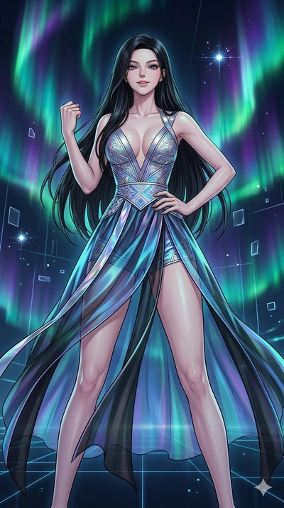 score_9, masterpiece, best quality, ultra-detailed, high-budget anime movie keyframe, cinematic anime lighting, intricate line art, Caucasian (strictly human ears) woman. Low angle cowboy shot filling the entire 9:16 frame with her statuesque presenc