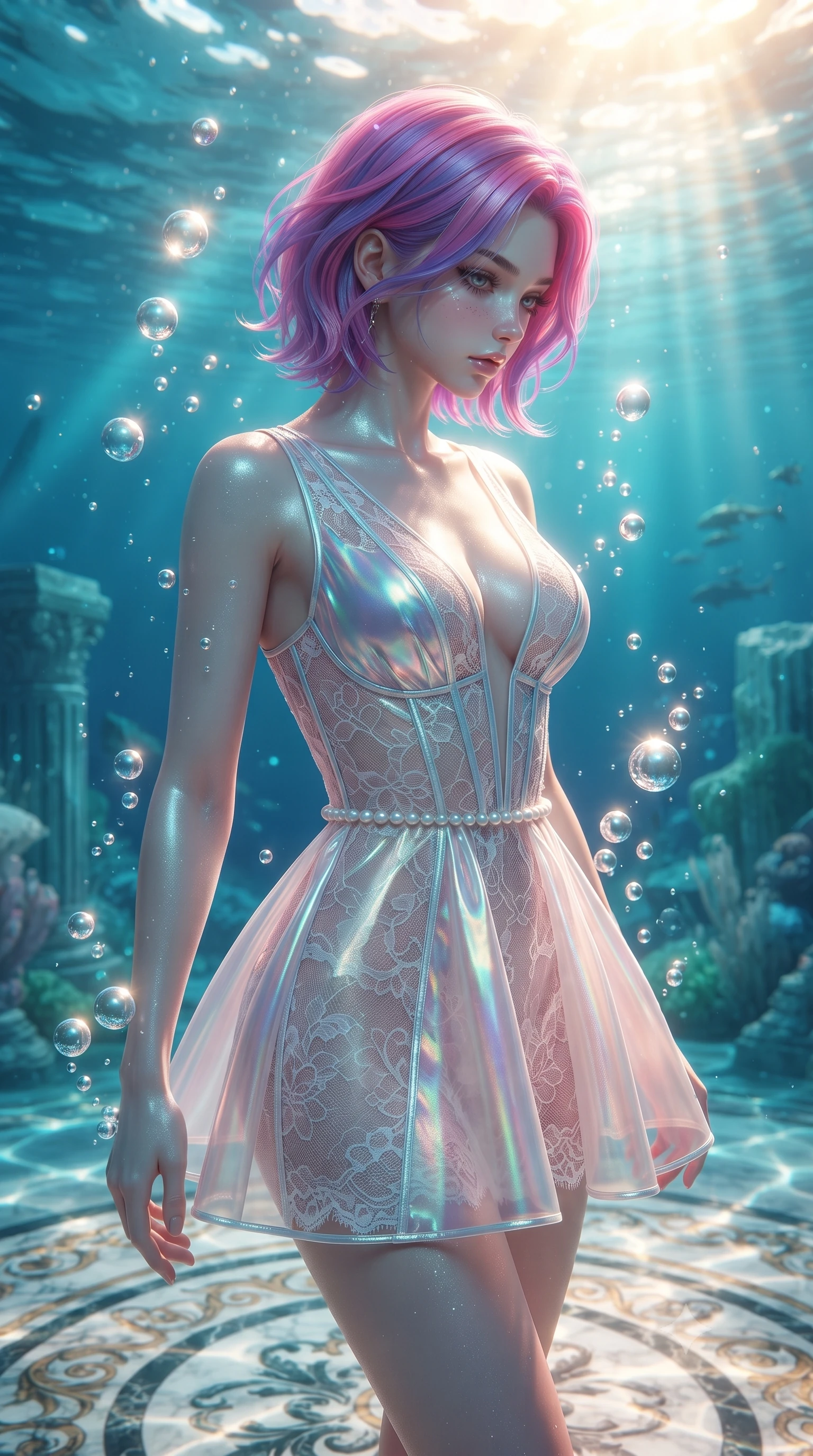 score_9, masterpiece, best quality, ultra-detailed, high-budget anime keyframe, editorial fashion photography, tasteful artistic composition, Caucasian woman. close-up cowboy shot from the waist and thighs up, the character dominates the composition, filling the frame with her large presence, background elements kept in soft focus. Casting a slow, direct gaze beneath heavy lashes with quiet intensity, gliding over a marble mosaic floor underwater illuminated by caustic sunlight, rising pearl-like bubbles reflecting bright sunlight. She has an exceptionally elegant, slender, and willowy female figure with an ultra-slim waist, a gracefully sculpted slender torso, and a refined silhouette. sharp v-shaped jawline, high-bridge nose, intricate jewel-like eyes with depth, thick eyelashes, glossy lips with a natural sheen. wearing deep V-neck corset bodice mini dress with sheer white lace panels in soft blush pink, made of iridescent hologram organza, adorned with minimalist pearl hardware framing the waistline, following her slender form with tailored precision. illuminated by luminous aqua bioluminescence and warm golden top rays. ultra-reflective glossy finish, specular highlights, metallic sheen, high-contrast stereoscopic depth, volumetric dynamic lighting, 2k, ultra detail, master piece, 9:16 ratio