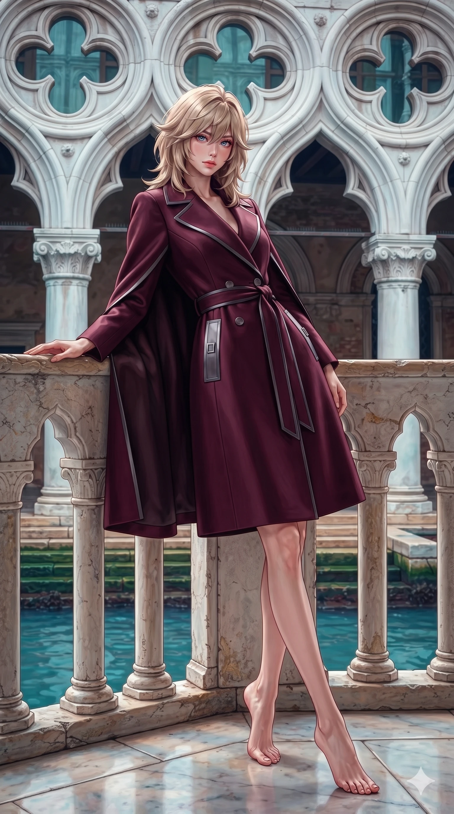 score_9, masterpiece, best quality, ultra-detailed, high-budget anime keyframe, semi-realistic 3D game render, editorial fashion photography, tasteful artistic composition, Japanese woman. low angle full-body shot from head to toe showing her feet, filling the entire 9:16 vertical frame with her statuesque presence, stretching her vertical silhouette. leaning deep against the balcony balustrade with hips cocked back in an unapologetically alluring high-fashion stance, casting an intoxicating glance while standing poised between towering Venetian Gothic tracery arches, twisting her slender torso in an alluring contrapposto stance above the water. The surrounding environment is rendered in vivid detail and crisp panoramic clarity: sharp carved quatrefoil gothic tracery, weathered Istrian stone texture, and water lap ripples against marble steps in deep focus. She has an exceptionally tall and slender model-like 8.5-heads proportion, an ultra-slim waist, a flat toned midriff, narrow delicate ribcage, and beautifully sculpted feminine hips creating a graceful, slim hourglass silhouette without any bulky heaviness, with impossibly long slender legs. sharp v-shaped jawline, high-bridge nose, intricate jewel-like eyes with depth, thick eyelashes, glossy parted lips with a natural sheen, intensely captivating and seductive bedroom-eyes expression, flawlessly proportioned anatomical accuracy, strict slender model proportions, natural body alignment, perfectly sculpted long slender limbs, ultra-slim waistline, clean dynamic posture without body distortion. wearing a tailored double-faced cashmere cape coat with structured lapels and a self-tying belt cinching her waist in deep wine burgundy and brushed dark platinum, tailored from heavy Italian silk mikado with an architectural structured drape, finished with sleek magnetic buckle closures fluttering in the breeze, the bespoke structured tailoring following the natural line of her 8.5-heads silhouette with refined elegance. bathed in luminous morning canal light with soft cyan reflections bouncing off the water surface. highly saturated vibrant anime colors, detailed shading with soft gradients, rich glossy textures, high-contrast stereoscopic depth, volumetric dynamic lighting, master piece, 9:16 ratio