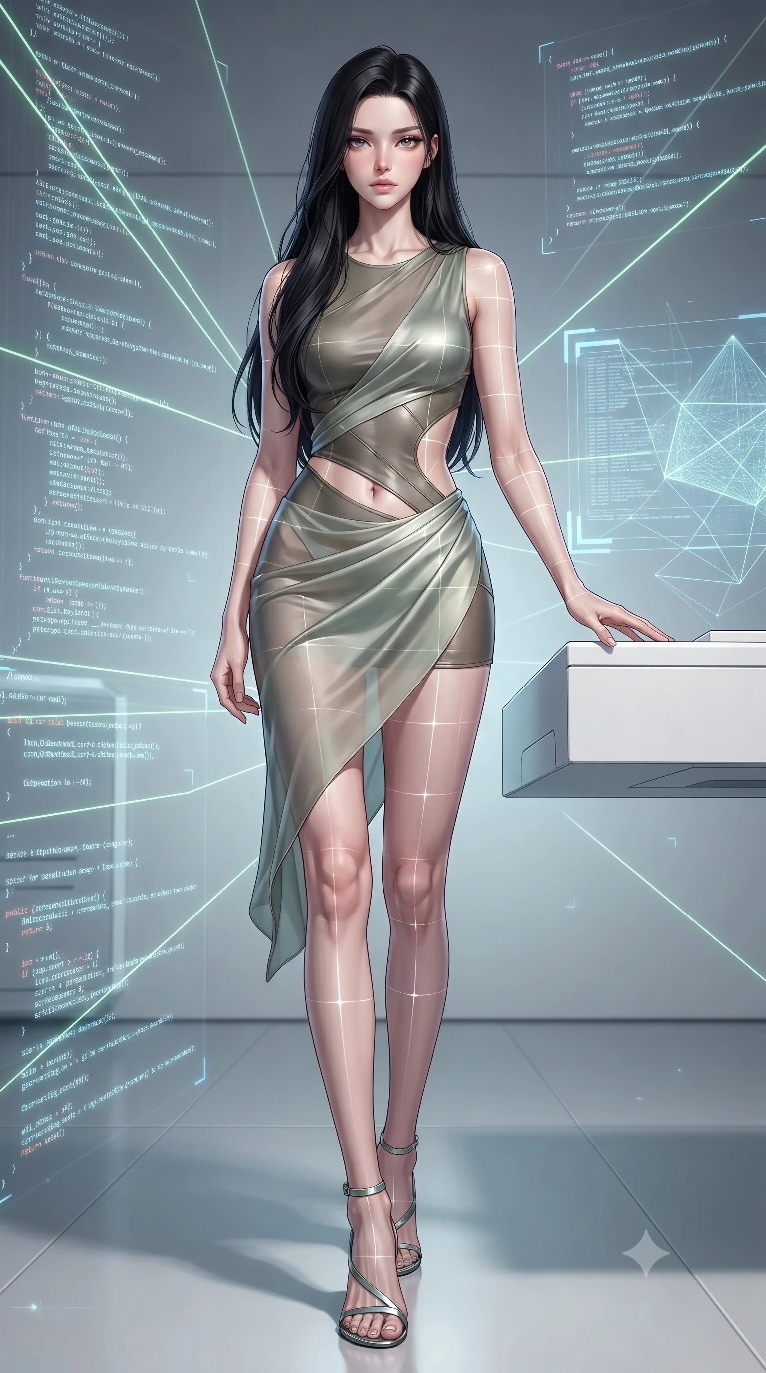 score_9, masterpiece, best quality, ultra-detailed, high-budget anime keyframe, editorial fashion photography, tasteful artistic composition, Korean woman. low angle full-body shot from head to toe showing her feet, filling the entire 9:16 vertical frame with her statuesque presence, stretching her vertical silhouette. stepping forward with proud posture, filling the vertical frame with her magnetic presence resting on a sleek white floating console amidst glowing code streams, laser lines casting precise geometric grid highlights on her athletic form. She has an absolutely perfect, statuesque 8.5-heads proportion, an exceptionally tall and slender model-like female figure with impossibly long slender legs and an ultra-slim waist. sharp v-shaped jawline, high-bridge nose, intricate jewel-like eyes with depth, thick eyelashes, glossy lips with a natural sheen. wearing a semi-opaque sheer overlay dress over a leather micro-bodysuit in sage green and oatmeal, crafted from lustrous satin jersey with fluid draping, featuring subtle geometric cutouts that highlight her ultra-slim midriff, the form-contouring material highlighting her ultra-slim waist and long lines. surrounded by a crisp high-tech illumination highlighting every sleek curve. highly saturated vibrant anime colors, detailed shading with soft gradients, rich glossy textures, high-contrast stereoscopic depth, volumetric dynamic lighting, master piece, 9:16 ratio