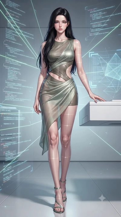 score_9, masterpiece, best quality, ultra-detailed, high-budget anime keyframe, editorial fashion photography, tasteful artistic composition, Korean woman. low angle full-body shot from head to toe showing her feet, filling the entire 9:16 vertical f
