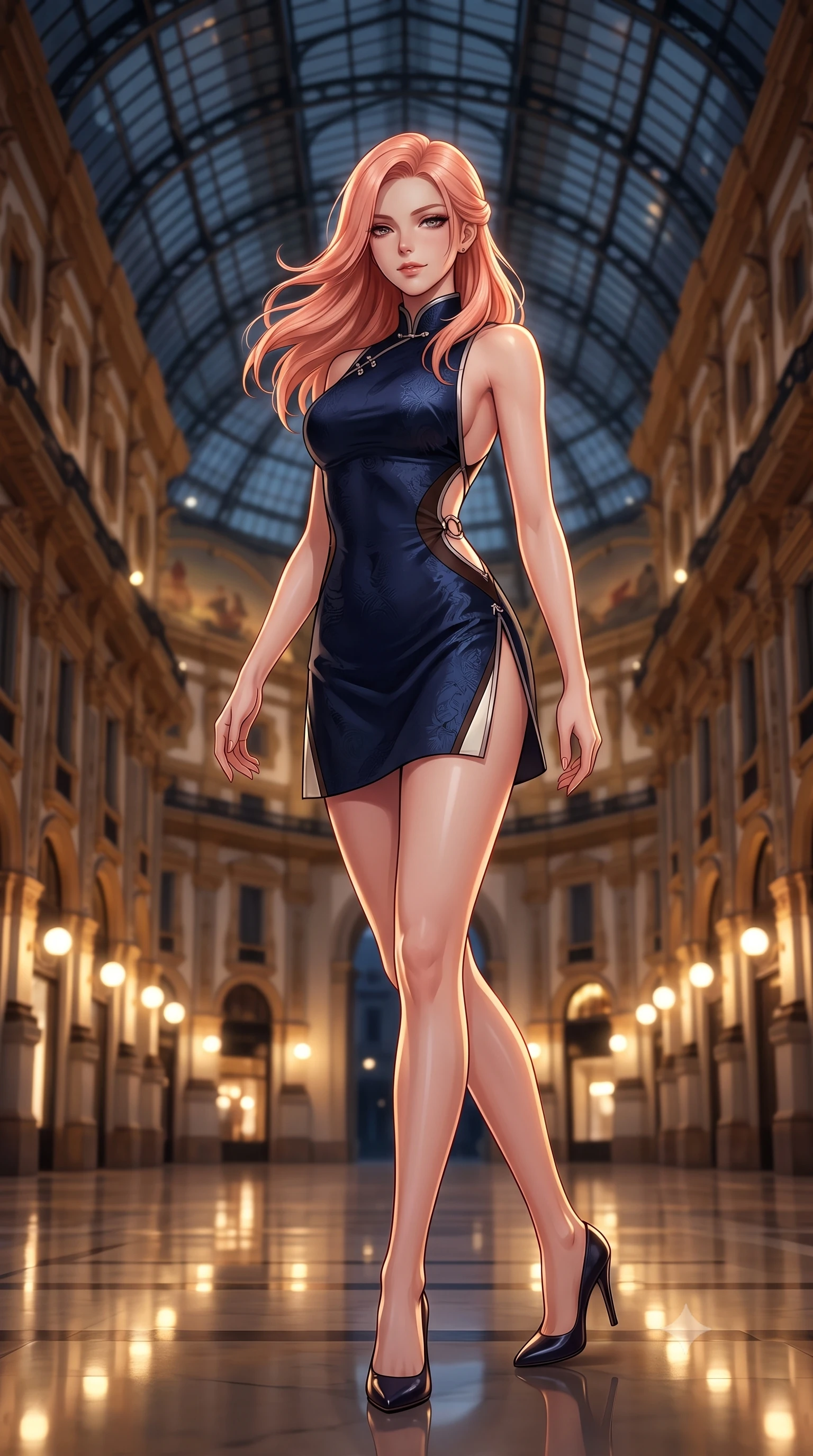 score_9, masterpiece, best quality, ultra-detailed, high-budget anime keyframe, editorial fashion photography, tasteful artistic composition, Japanese woman. low angle full-body shot from head to toe showing her feet, filling the entire 9:16 vertical frame with her statuesque presence, stretching her vertical silhouette. striding forward gracefully across the reflective floor with sovereign supermodel poise, hips swaying in an alluring kinetic rhythm that accentuates her curvy hourglass silhouette and long slender legs while twisting her slender torso in an alluring contrapposto stance, her dark tailored gown clinging to her narrow waist and rounded feminine hips. The composition keeps background elements in soft focus with dreamy creamy bokeh. the colossal glass-and-iron vault ceiling and neoclassical palace facades glowing under midnight lamps blurred into warm gold, amber, and champagne bokeh. She has an exceptionally tall and slender model-like 8.5-heads proportion, an ultra-slim waist, a flat toned midriff, narrow delicate ribcage, and beautifully sculpted feminine hips creating a graceful, slim hourglass silhouette without any bulky heaviness, with impossibly long slender legs. sharp v-shaped jawline, high-bridge nose, intricate jewel-like dark sparkling eyes with dangerous depth, thick curled eyelashes, glossy parted lips with a rich wine sheen, smoldering seductive half-smile with bedroom-eyes, exuding effortless superiority and intoxicating dark allure, flawlessly proportioned anatomical accuracy, strict slender model proportions, natural body alignment, perfectly sculpted long slender limbs, ultra-slim waistline, clean dynamic posture without body distortion. wearing a modern tailored cheongsam mini dress in midnight navy jacquard silk with dramatic side hip slits in dark espresso brown and pearlescent ivory, tailored from fine lightweight midnight wool crepe with crisp architectural structure, accented with sculptural chrome hardware rings framing the subtle cutouts, the precision-cut side openings and low-back scoop framing her graceful spine and the sensual sweep of her slim, toned hips. illuminated by crisp champagne gold rim lighting and sharp architectural downlights sculpting her razor-sharp jawline, narrow waist, and curvy hips. ultra-reflective glossy finish, specular highlights, rich textural contrasts, high-contrast stereoscopic depth, volumetric dynamic lighting, 2k, ultra detail, master piece, 9:16 ratio