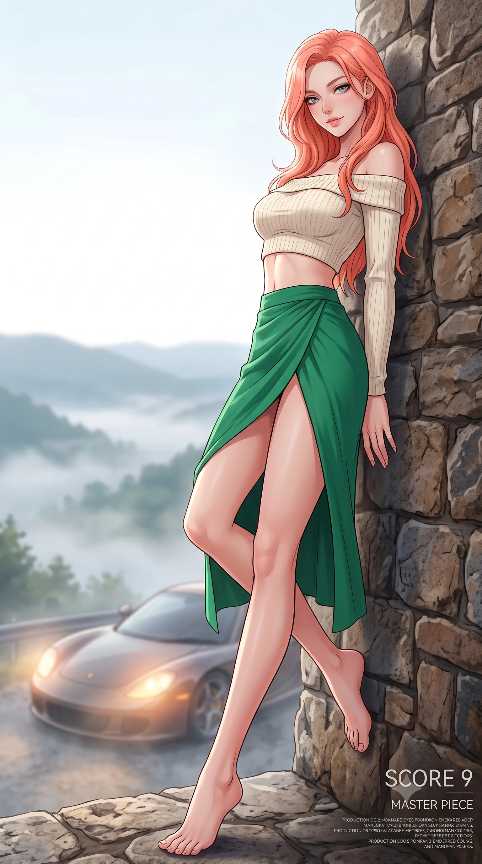 score_9, masterpiece, best quality, ultra-detailed, high-budget anime keyframe, tasteful artistic composition, Japanese woman. low angle full-body shot from head to toe showing her feet, filling the entire 9:16 vertical frame with her statuesque presence, stretching her vertical silhouette. leaning back against a rustic stone wall, casting a slow, alluring gaze at the camera the background shows a soft-focus a quiet mountain road overlook with a parked sports car and a misty valley below. She has an absolutely perfect, statuesque 8.5-heads proportion, an exceptionally tall and slender model-like female figure with impossibly long slender legs and an ultra-slim waist. sharp v-shaped jawline, high-bridge nose, intricate jewel-like eyes with depth, thick eyelashes, glossy lips with a natural sheen. wearing a form-contouring cropped off-shoulder knit top in cream paired with a high-slit wrap skirt in emerald green. soft morning mist diffusing the warm headlights of the car. highly saturated vibrant anime colors, cel-shading, 2d style, master piece, 9:16 ratio