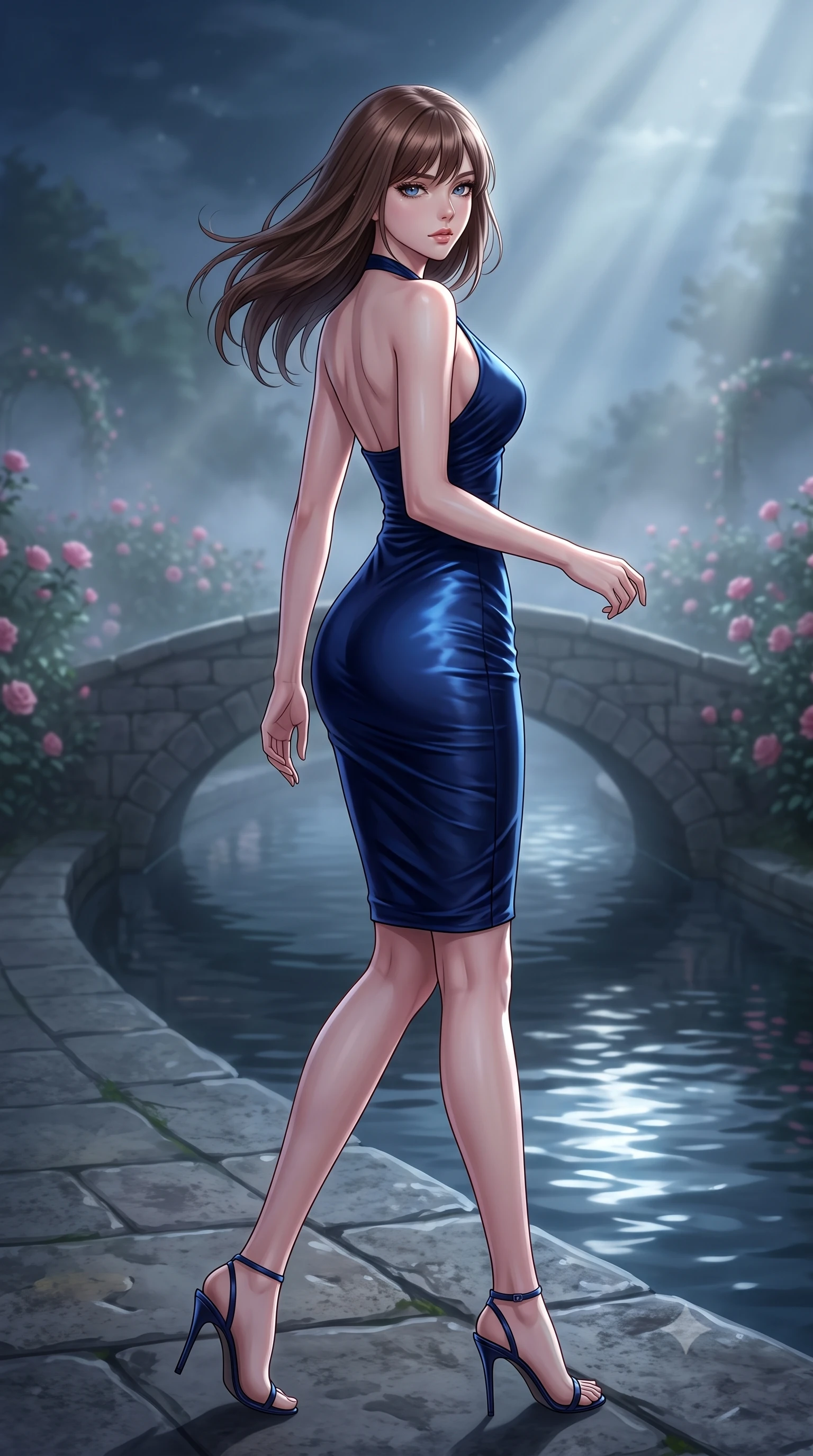 score_9, masterpiece, best quality, ultra-detailed, high-budget anime keyframe, editorial fashion photography, tasteful artistic composition, Korean woman. low angle full-body shot from head to toe showing her feet, filling the entire 9:16 vertical frame with her statuesque presence, stretching her vertical silhouette. stepping gracefully while looking back over her shoulder, her dress draped tightly to reveal her silhouette the background shows a soft-focus a misty rose garden stone bridge over a quiet dark moat at midnight. She has an absolutely perfect, statuesque 8.5-heads proportion, an exceptionally tall and slender model-like female figure with impossibly long slender legs and an ultra-slim waist. sharp v-shaped jawline, high-bridge nose, intricate jewel-like eyes with depth, thick eyelashes, glossy lips with a natural sheen. wearing a body-hugging form-fitting halter dress in deep navy blue, contouring her athletic, slender build. dappled moonbeams reflecting off moving water onto her silhouette. highly saturated vibrant anime colors, detailed shading with soft gradients, rich glossy textures, high-contrast stereoscopic depth, volumetric dynamic lighting, master piece, 9:16 ratio